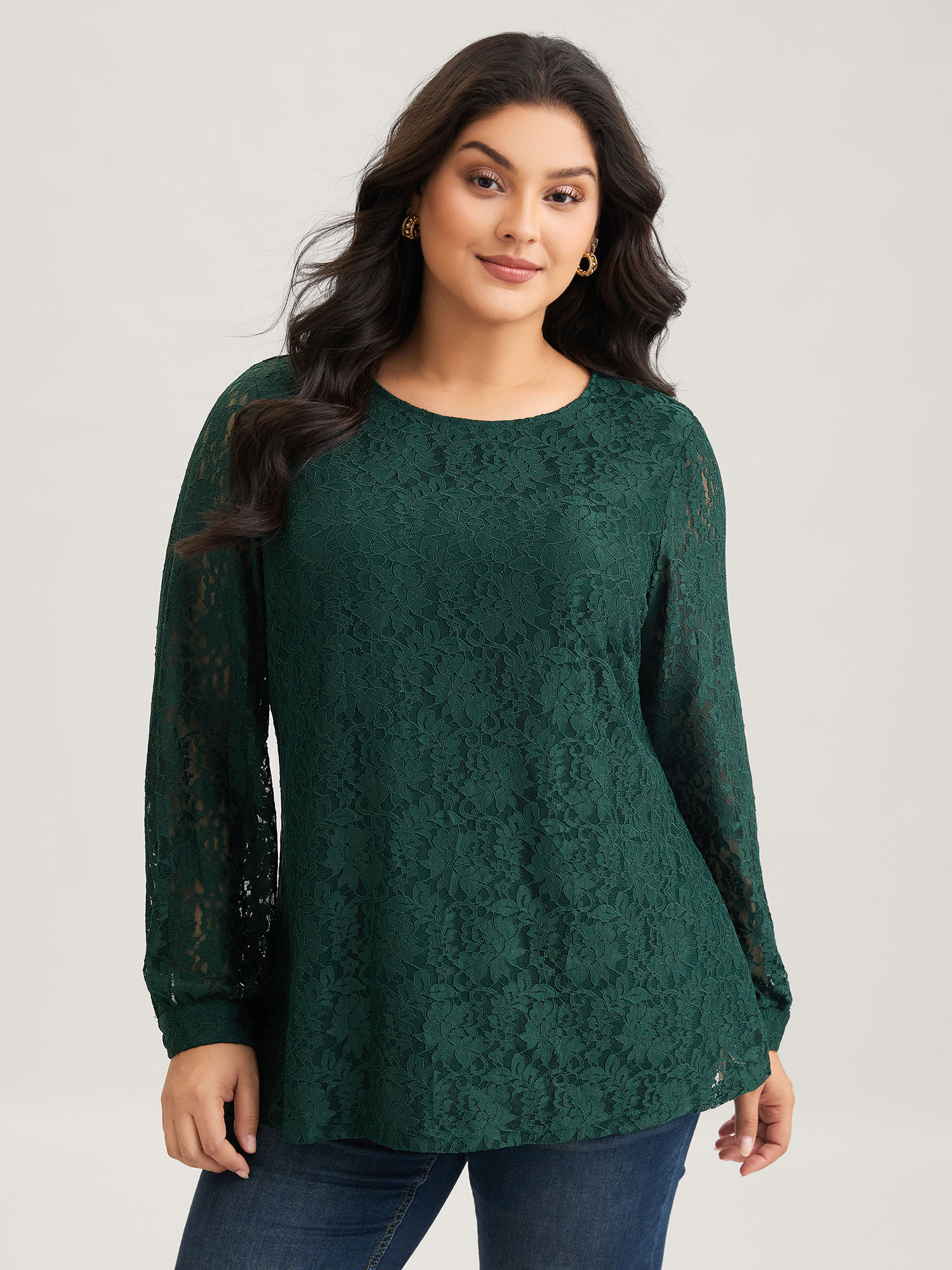 BloomChic Women's Plus Size Solid Crochet Lace Mesh Crew Neck Blouse DarkGreen Solid Everyday-Elegant Long Sleeve Round Neck 10/M