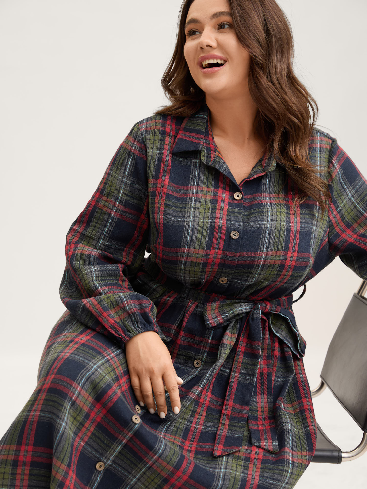 BloomChic Plus Size Plaid Button Detail Pocket Belted Arc Hem Midi Dress - Curve Ladies DarkBlue Americana Daily Long Sleeve Plaid Side Pocket Daily Dresses 18-20/1X