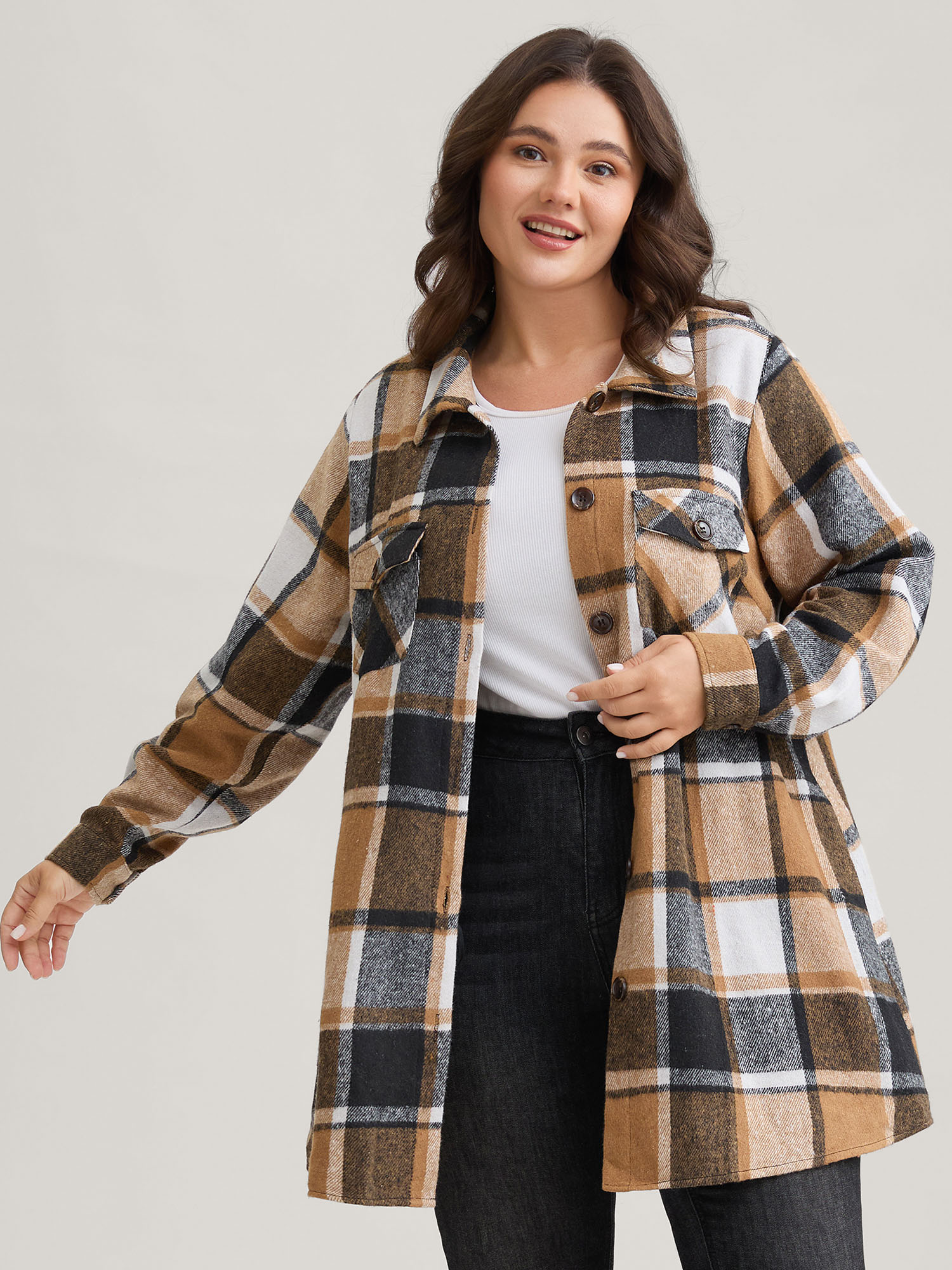 Image of Plus Size Plaid Chest Pockets Long Jacket Women Bronze Button Loose Side seam pocket Everyday Jackets BloomChic 26/4X
