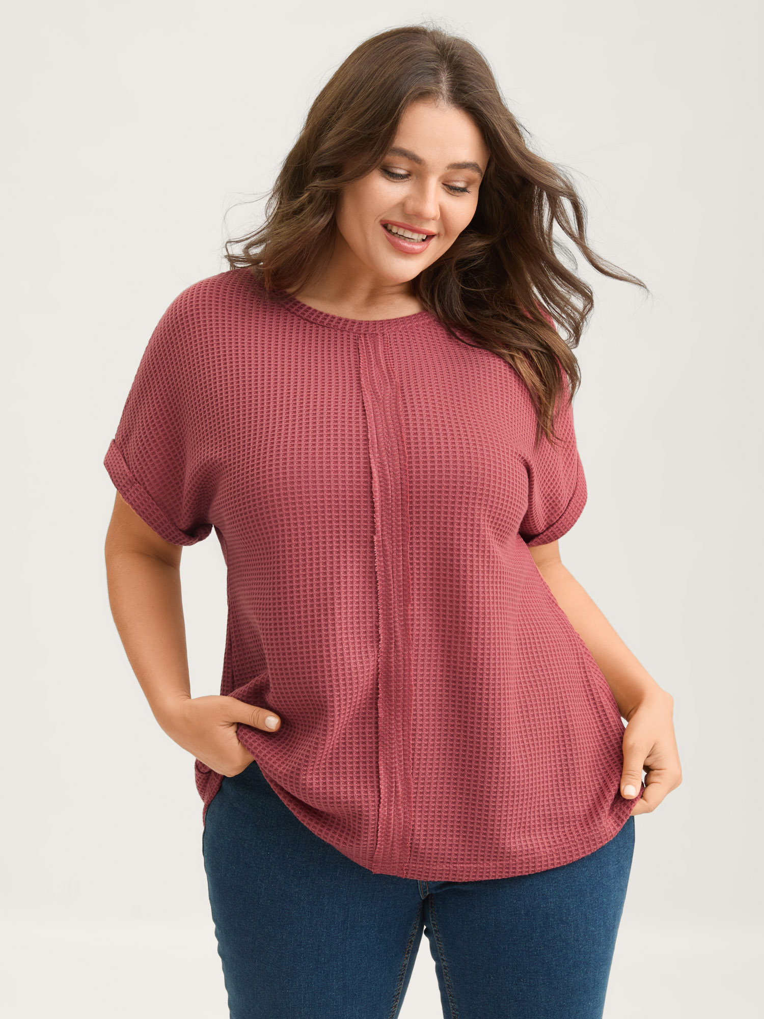BloomChic Plus Size Waffle Seamed Front Solid T-Shirt - Women's Rust Solid Round Neck Comfort Midsection Fit Long Sleeve Playful T-shirts 14/M
