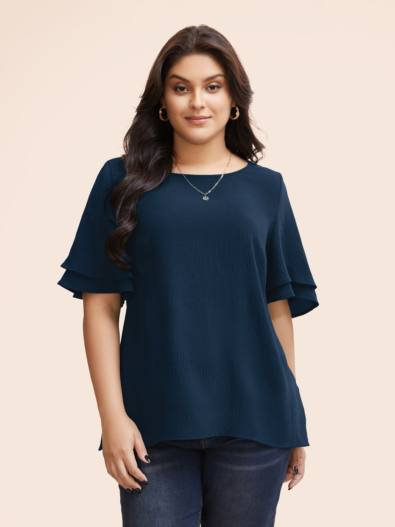 BloomChic Plus Size Solid Tiered Ruffles Split Hem Blouse - Women's Indigo Solid Boat Neck Short sleeve Elegant Blouses 16/L