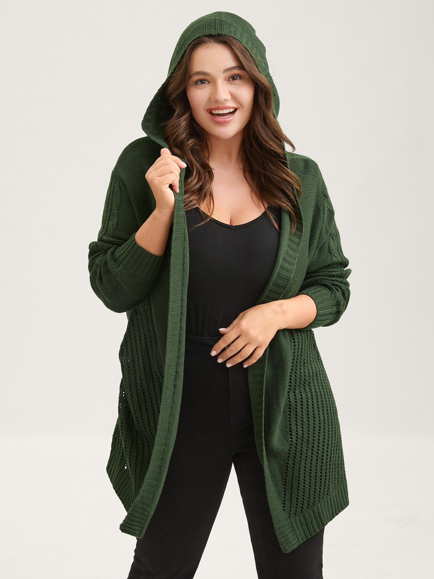 Bloomchic Textured Cut-out Hooded Knit Cardigan In Green