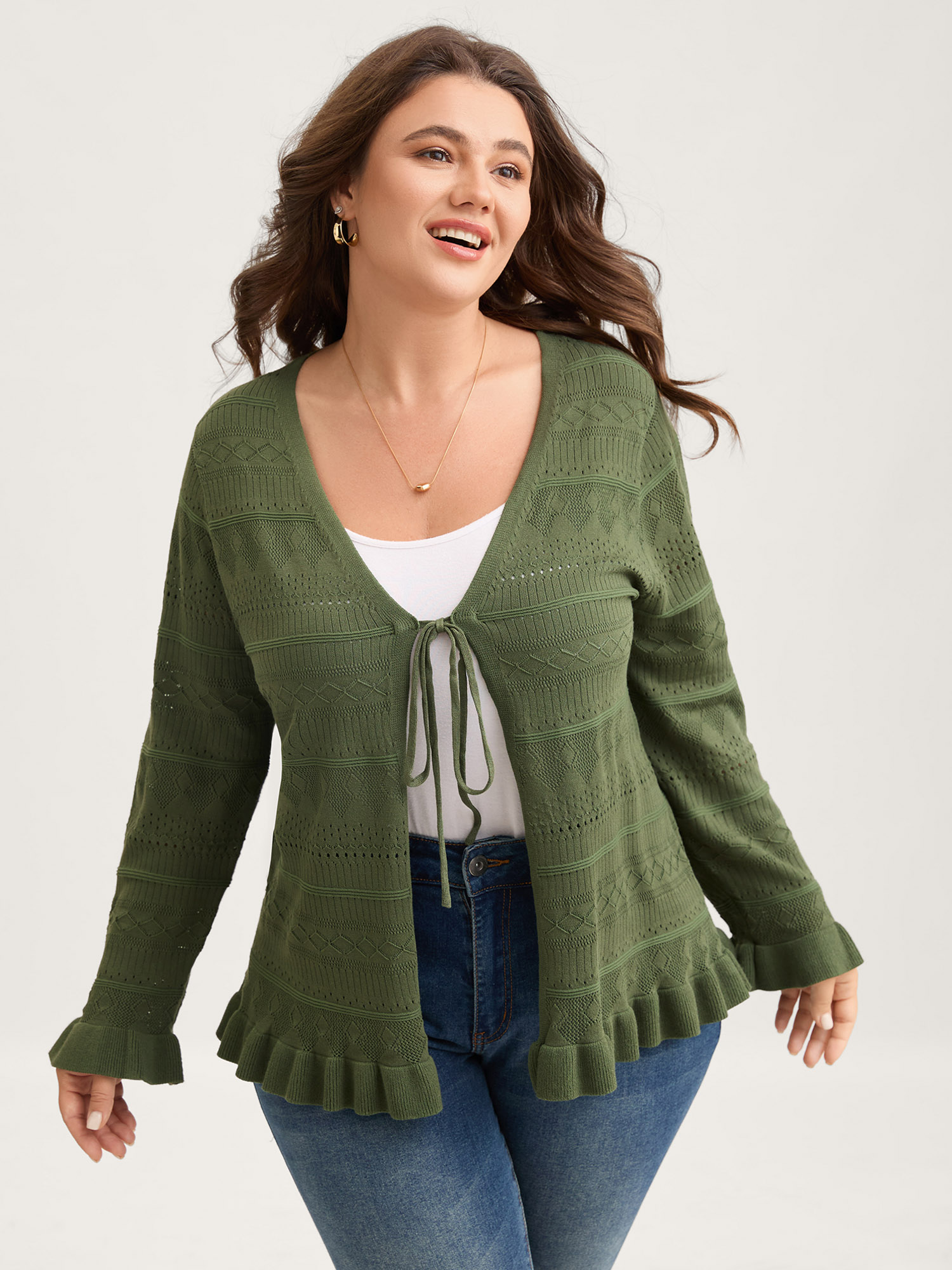 BloomChic Plus Size Ruffled Hem Front Tie Textured Lightweight Cardigan - Curve Women's Winter Tie-Neck Boxy Lace-Up ArmyGreen Tie Closure Cardigans 30/4X