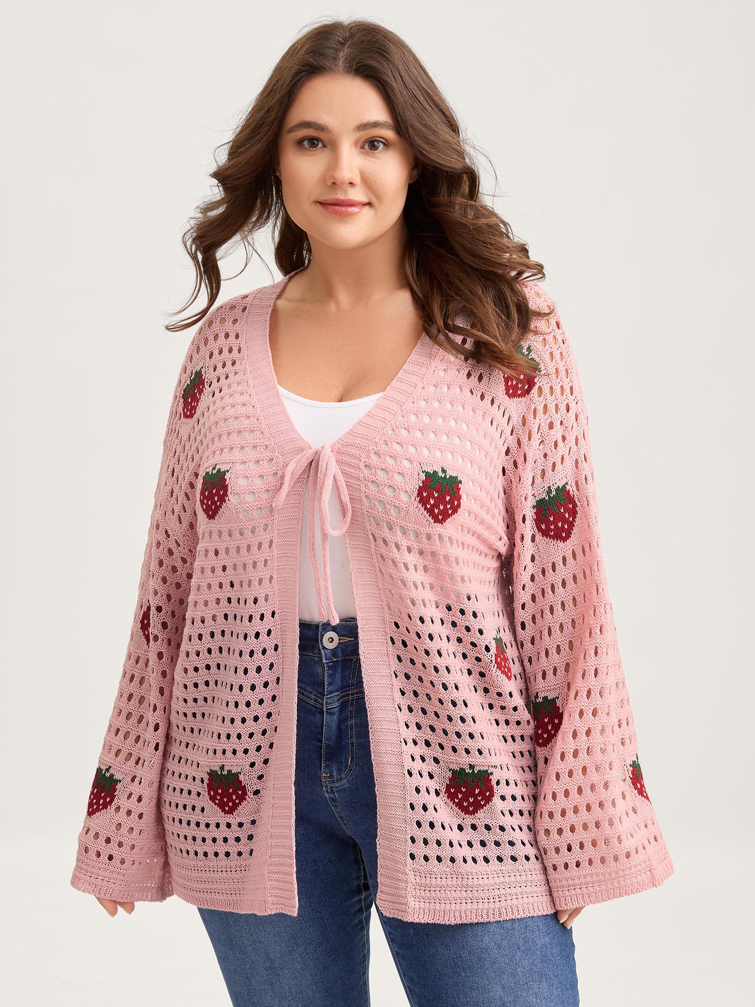 BloomChic Women's Plus Size Strawberry Jacquard Embroidery Tie Knit Cardigan Nudepink Long Sleeve V-Neck 12/L