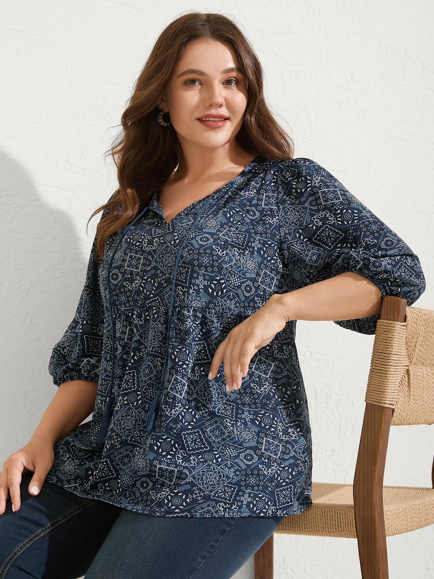 BloomChic Women's Plus Size Boho Print Neck Tie Lantern Sleeve Blouse Indigo Geometric Vacation 3/4 Sleeve V-Notch Neck 10/M