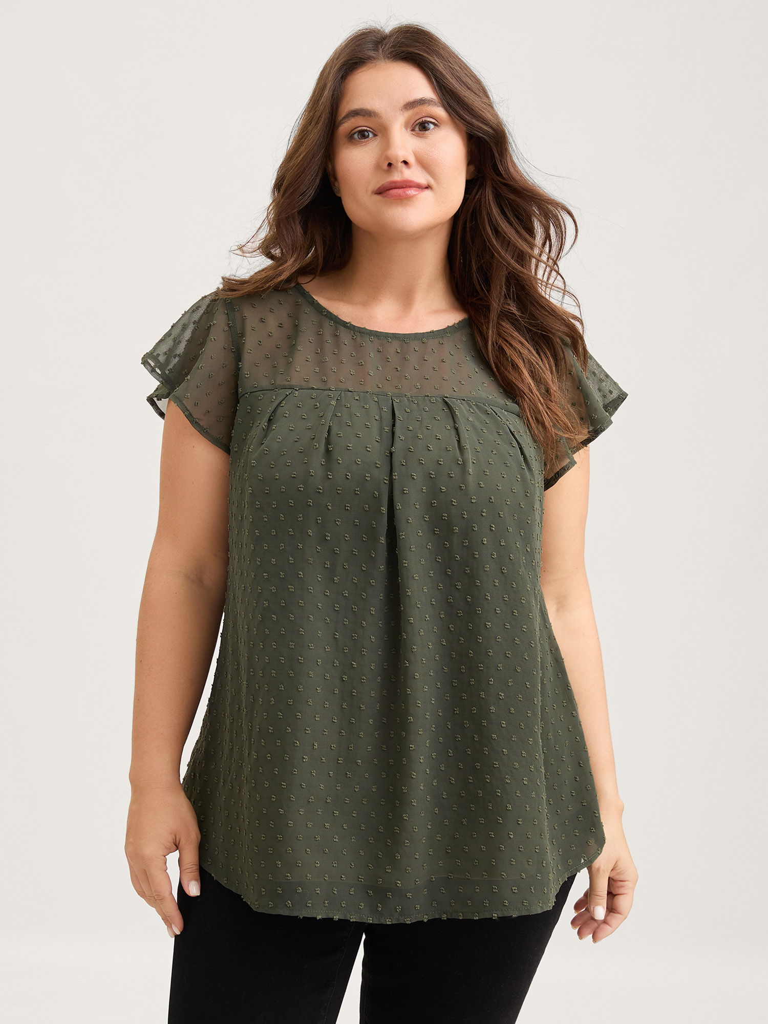 BloomChic Women's Plus Size Textured Bust-Ease Ruffled Sleeve Blouse Four Leaf Clover Solid Everyday-Elegant Short sleeve Round Neck 10/M