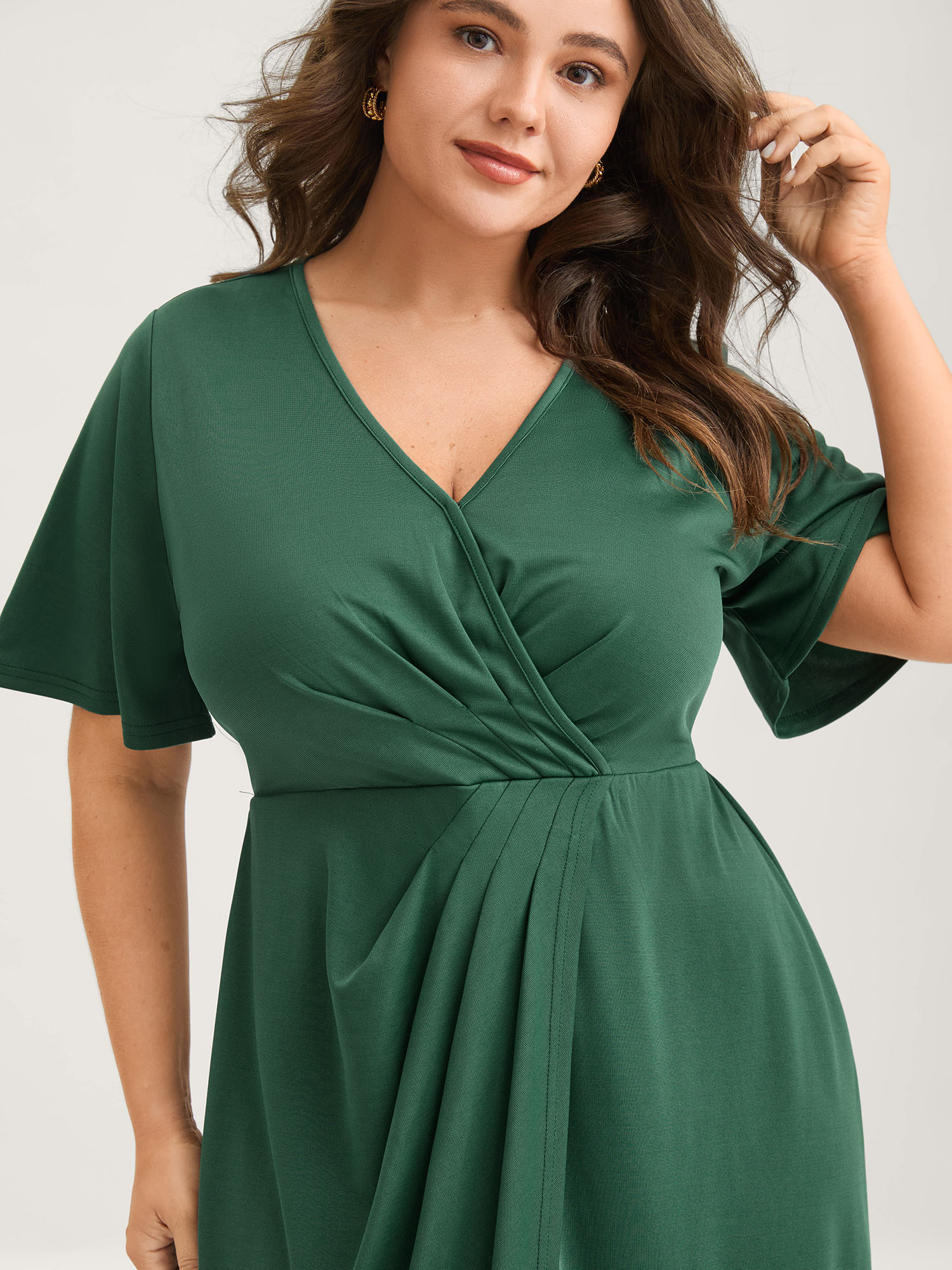 Bloomchic Wrap Gathered Solid Surplice Midi Dress In Darkgreen