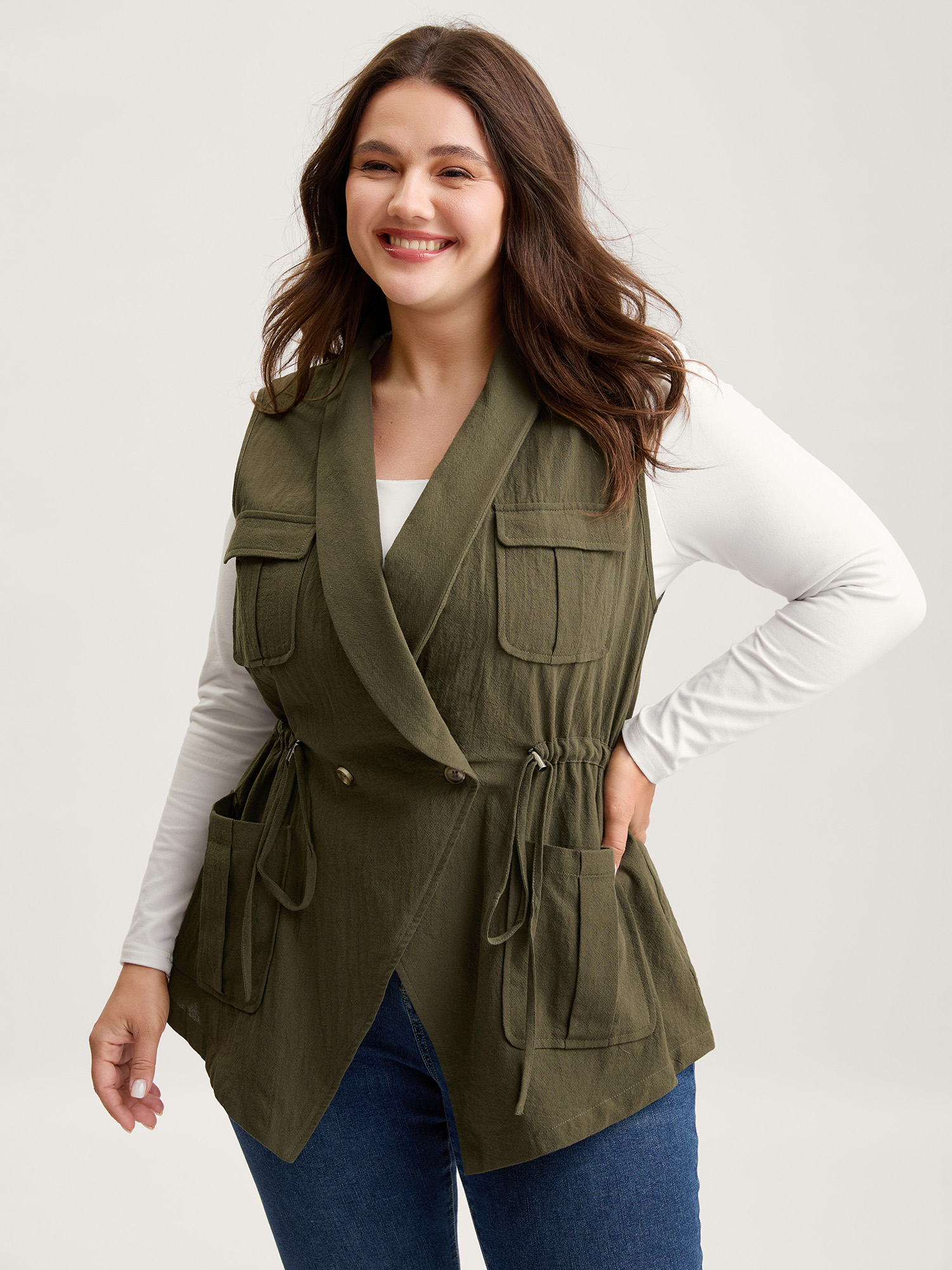 BloomChic Women's Plus Size Cotton Waist Defining Drawstring Pocket Vest ArmyGreen Drawstring 26/4X-image-47249566564522