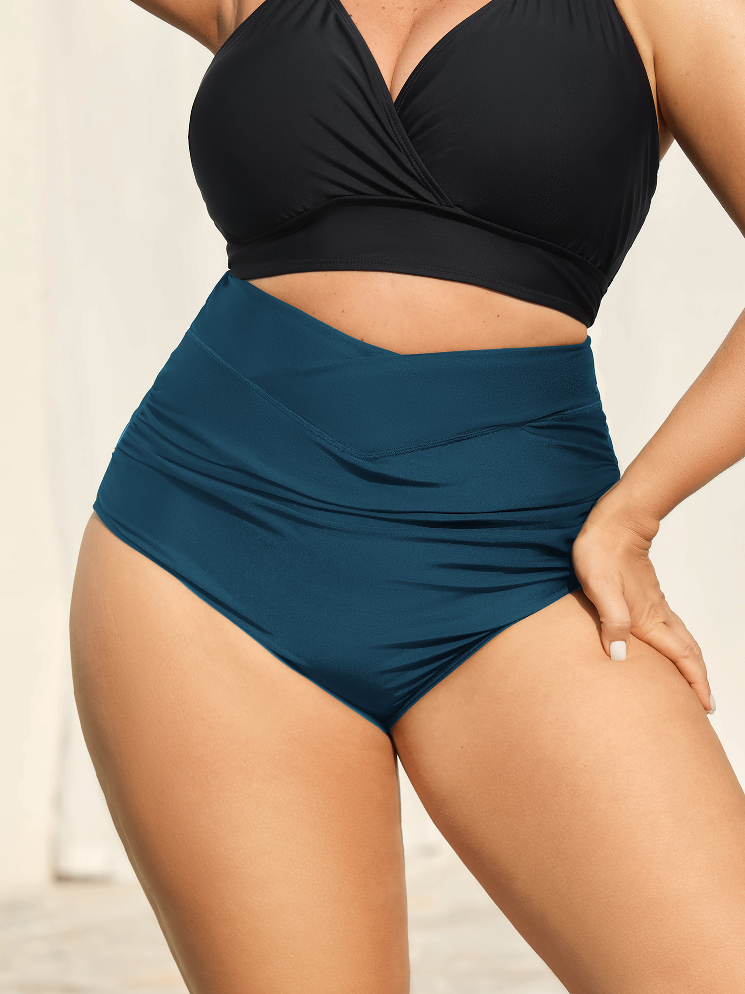 BloomChic Women's Plus Size Crossover High Waist Ruched Bikini Bottoms Aegean Solid Booty Ruched Elastic Waist 10/M