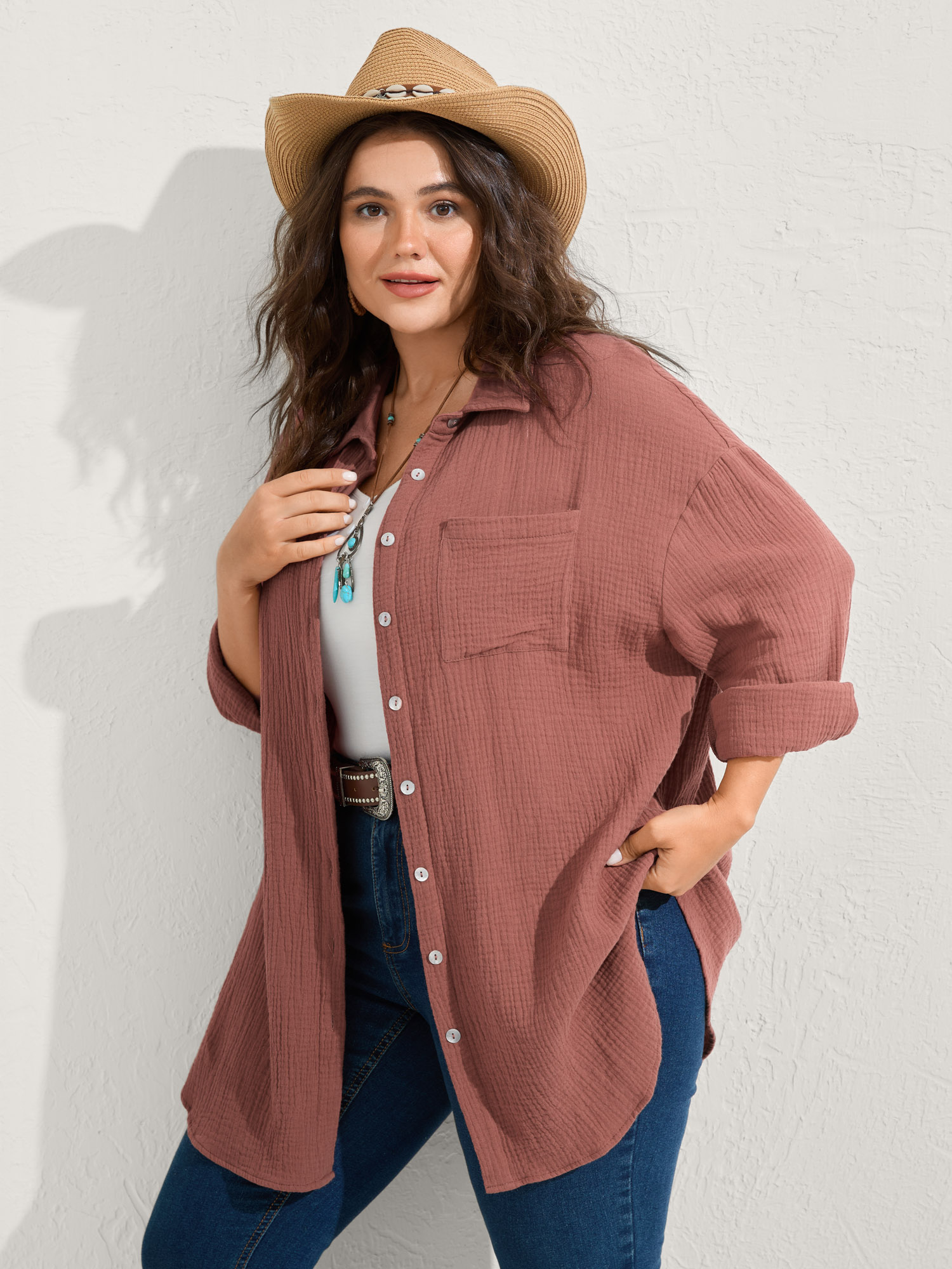 BloomChic Plus Size Pure Cotton Long Button Down Jacket - Curve Women's Winterwear- Rust Tunic T-line Jackets 14/M