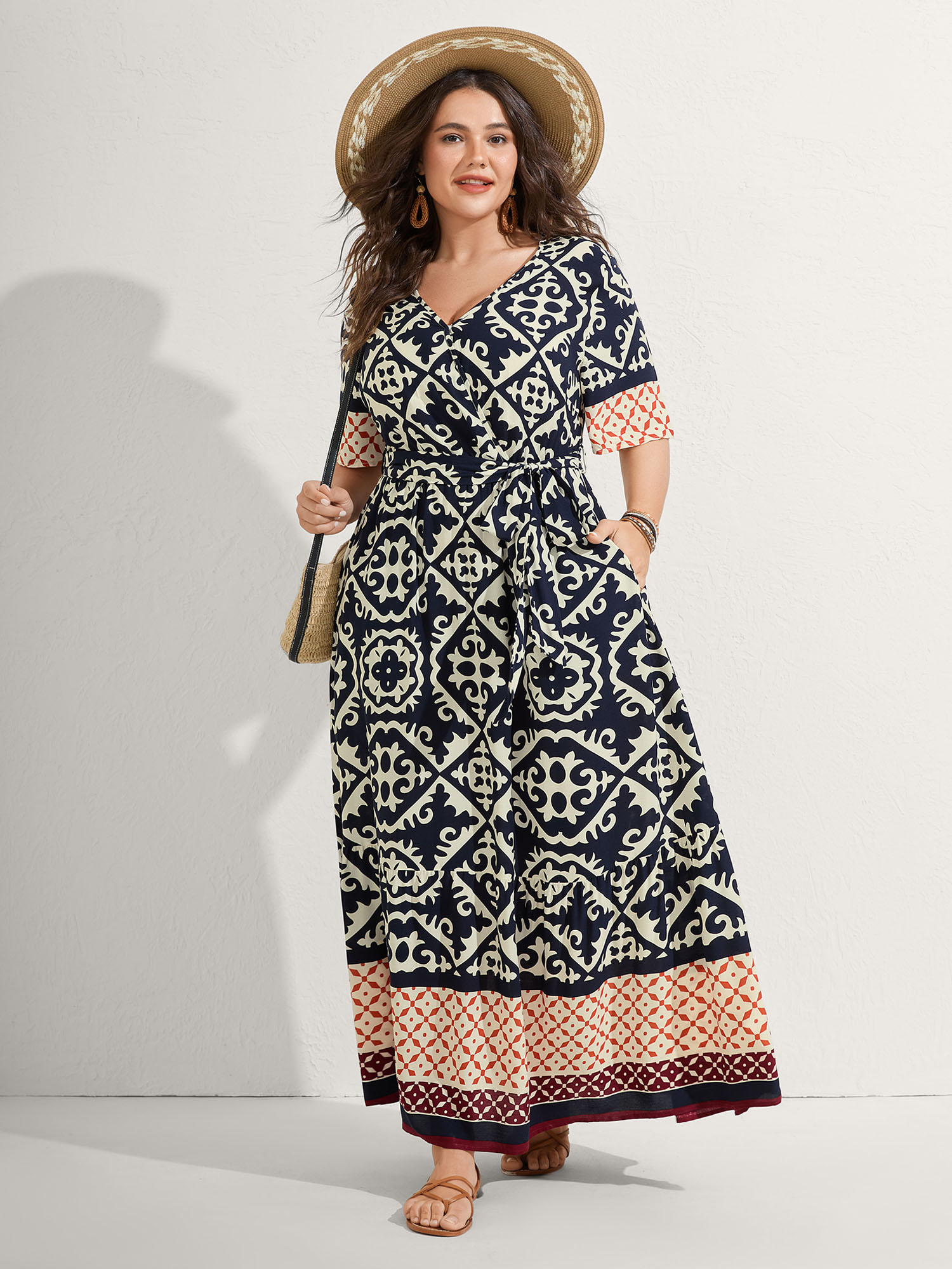 BloomChic Plus Size Boho Print Side Tie Maxi Dress - Curve Ladies Midnight Boho Short sleeve Graphic Side Pocket Daily Dresses 16/L