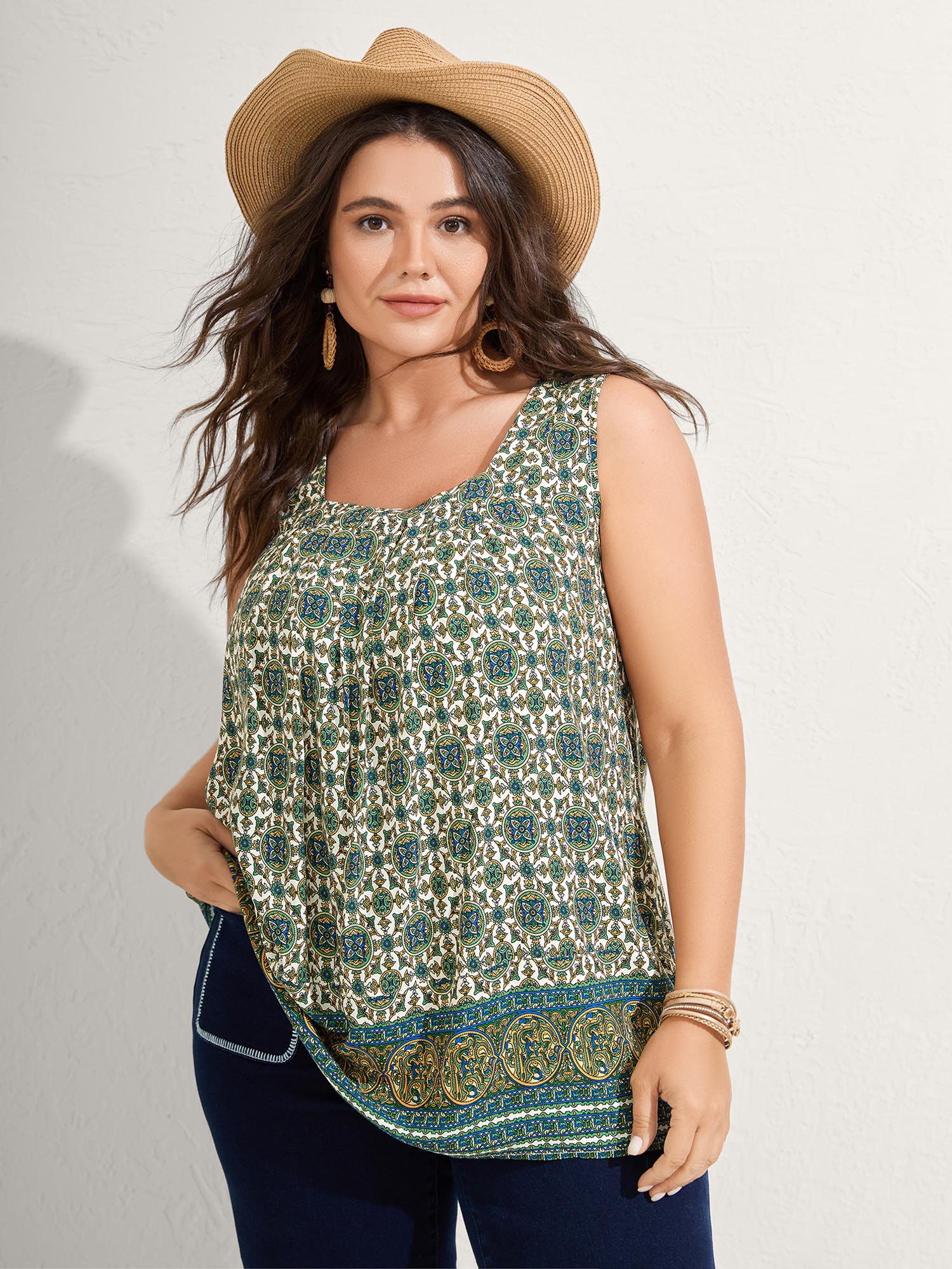 BloomChic Women's Plus Size Floral Print Pleated Neckline Tank Top Teal Vacation Relaxed Fit Babydoll Square Neck 10/M