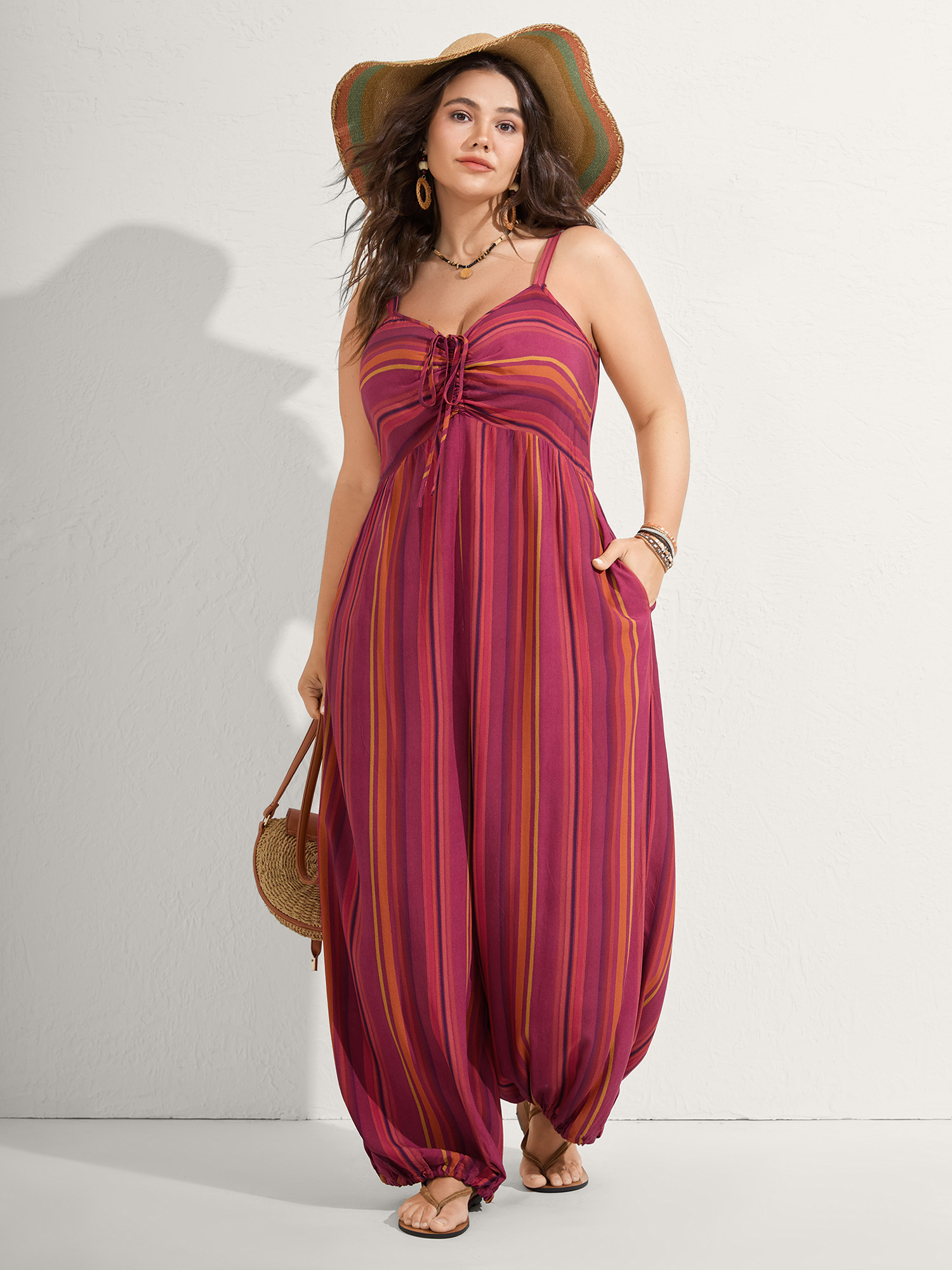 BloomChic Women's Plus Size Rayon Stripe Print Stretchy Hem Cami Jumpsuit Russet Vacation 10/M