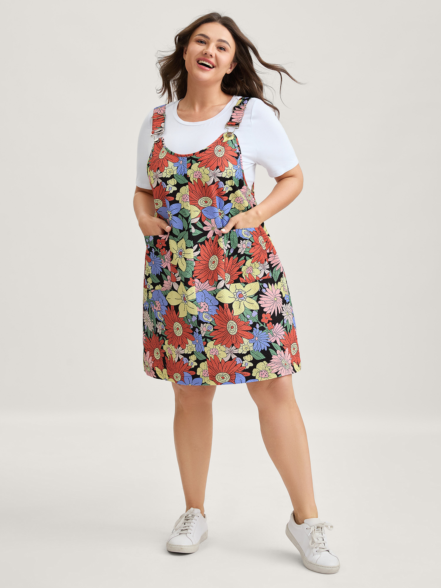 BloomChic Plus Size Floral Print Textured Overall Straps Dress - Curve Ladies Multicolor Playful Sleeveless Floral Patch pocket Daily Dresses 34/6X