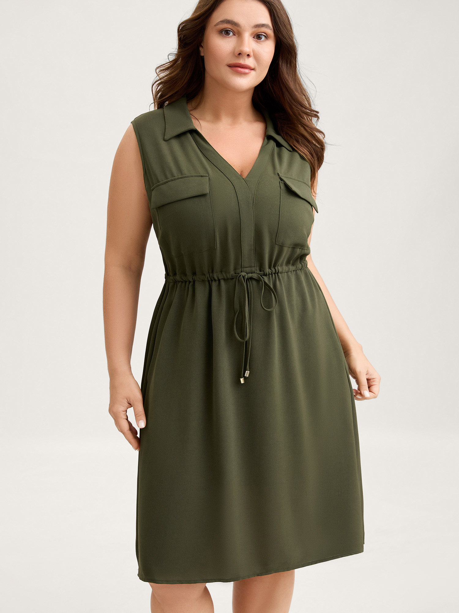 BloomChic Women's Plus Size Waist Drawstring Pockets Solid Midi Dress ArmyGreen Non Knee Everyday-Casual Drawstring 30/6X