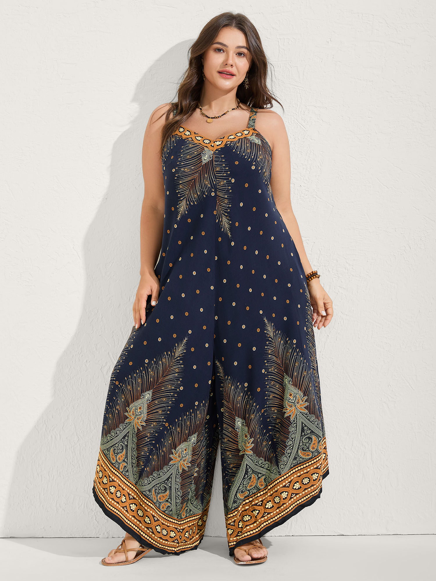 BloomChic Plus Size Boho Print Asymmetrical Hem Jumpsuit - Curve Women's Navy Playsuit - Adaptive-Fit Side Pocket Wide leg Jumpsuits 14/M