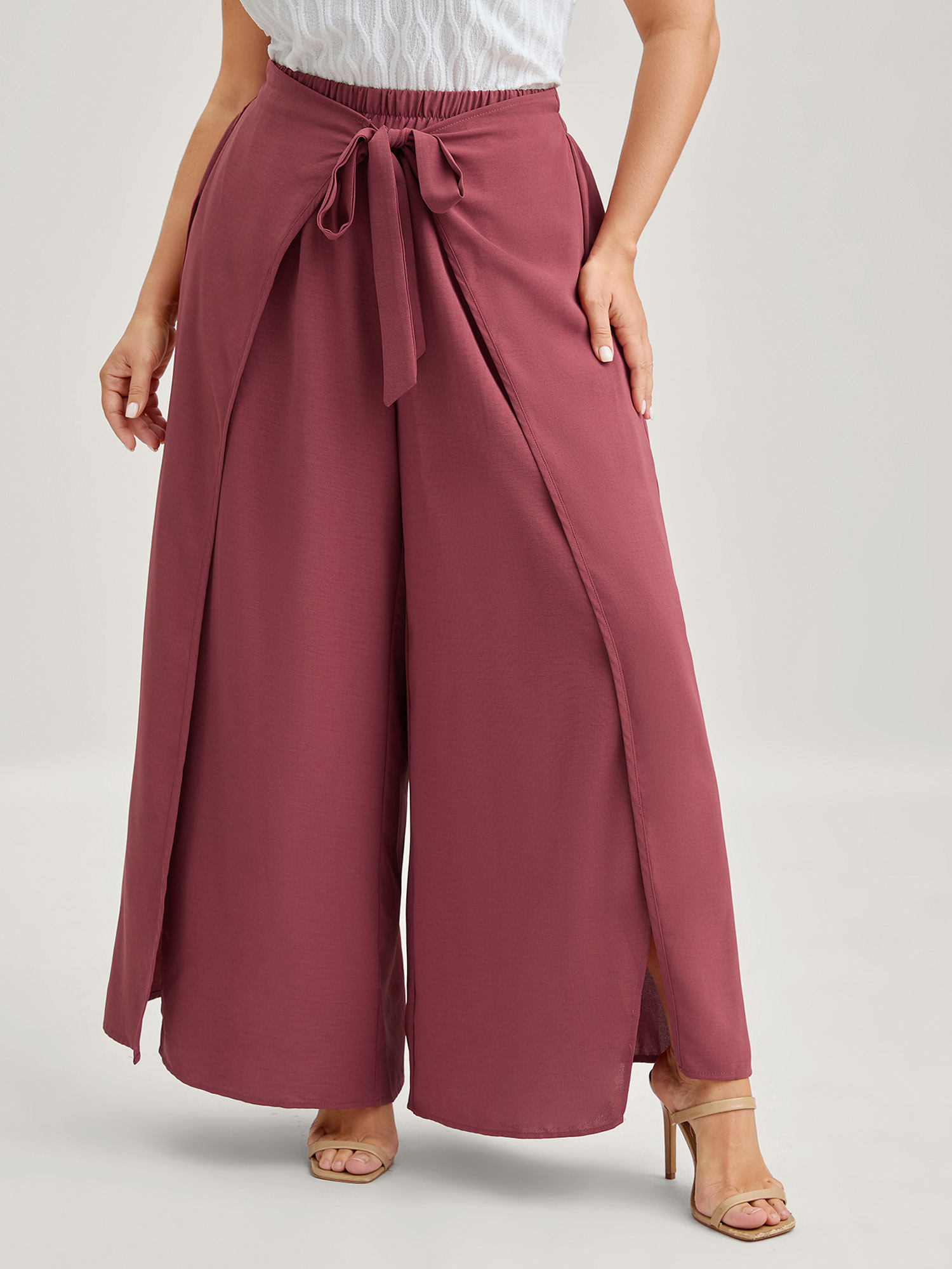 BloomChic Women's Plus Size Belted Front Overlap Wide-Leg Pants Beanpastepowder Wide leg Mid Rise 12/L