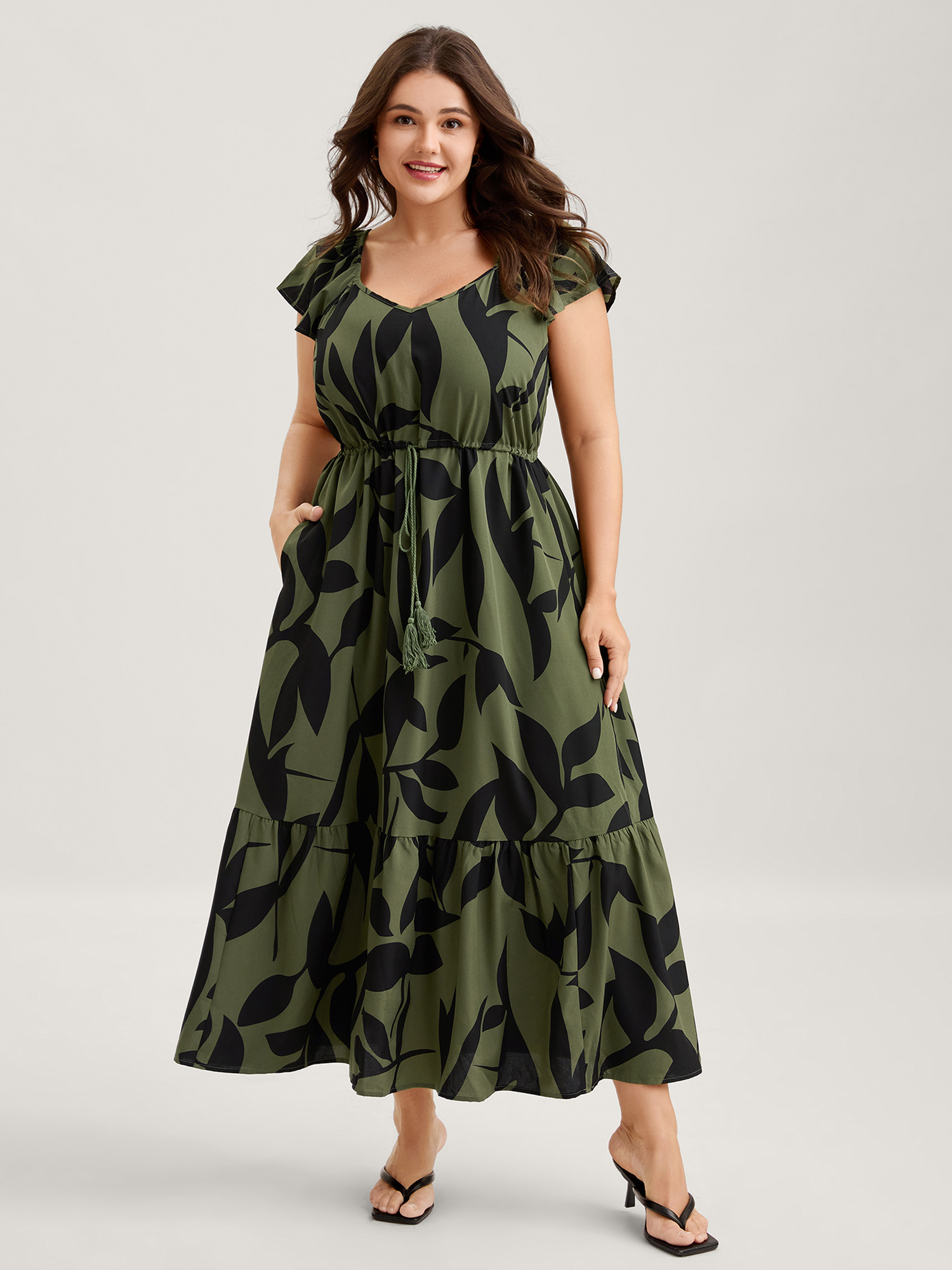 BloomChic Plus Size Floral Waist-Cinched Drawstring Maxi Dress - Curve Ladies ArmyGreen Elegant Cap Sleeve Tropical Side seam pocket Daily Dresses 22-24/2X