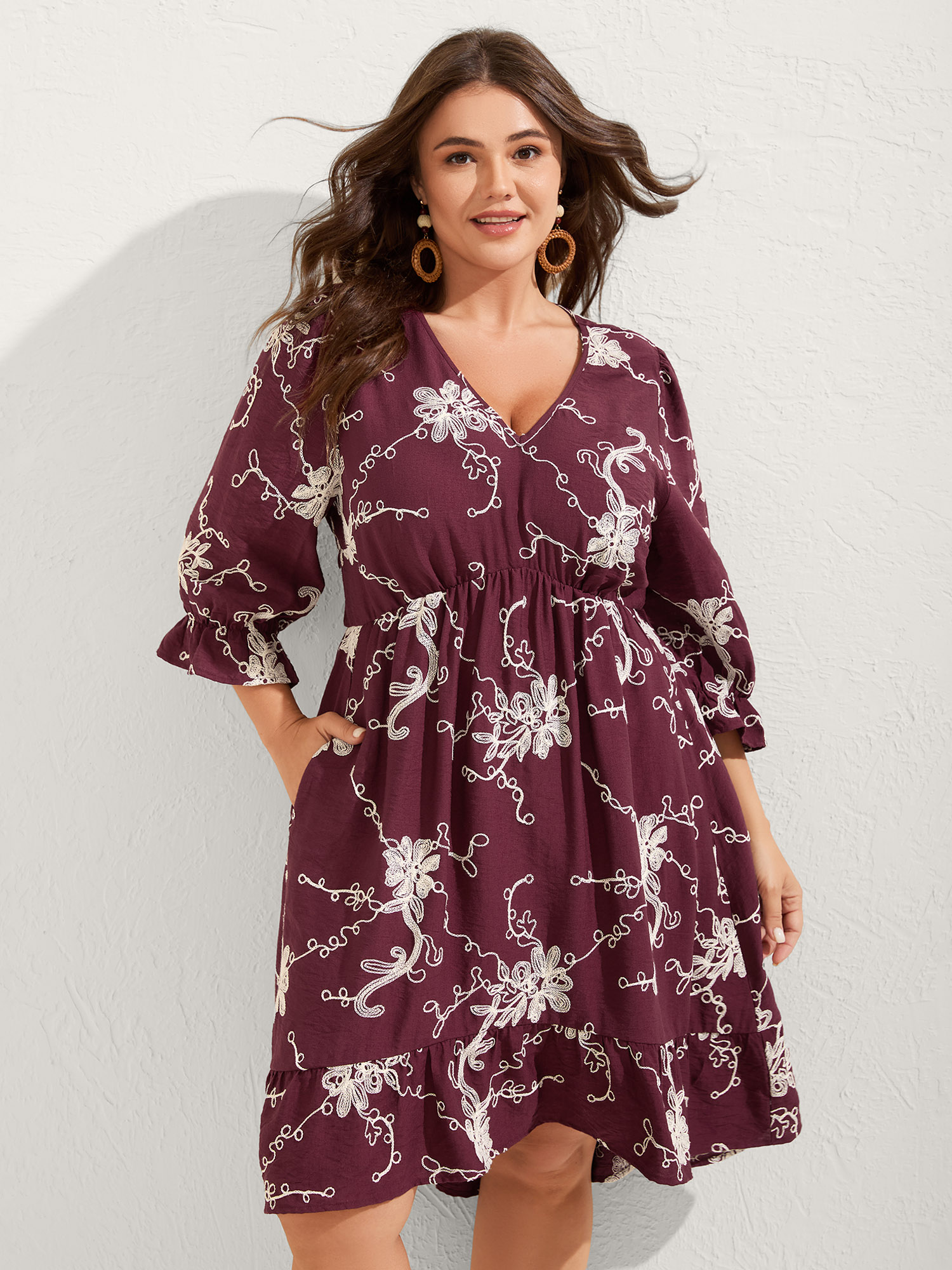 BloomChic Women's Plus Size Floral Embroidered Stretchy Waist Midi Dress Deeppurplered Bohemian print Short Vacation 30/6X