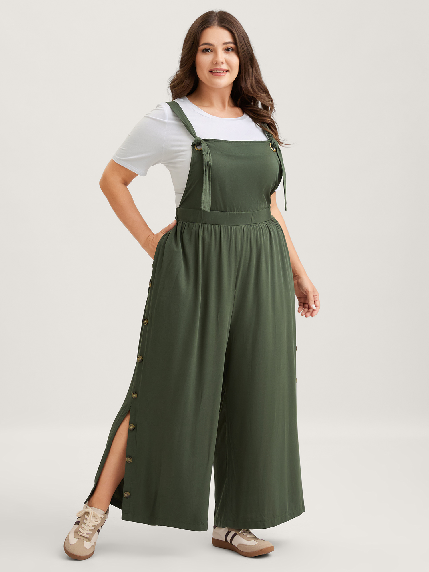 BloomChic Women's Plus Size Rayon Adjustable Elastic Waist Slit Jumpsuit ArmyGreen Everyday-Casual 12/L