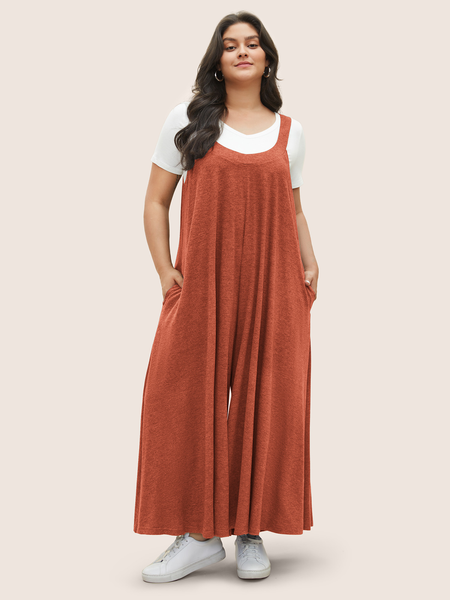 Bloomchic Supersoft Essentials Solid Pocket Adjustable Straps Jumpsuit In Orange