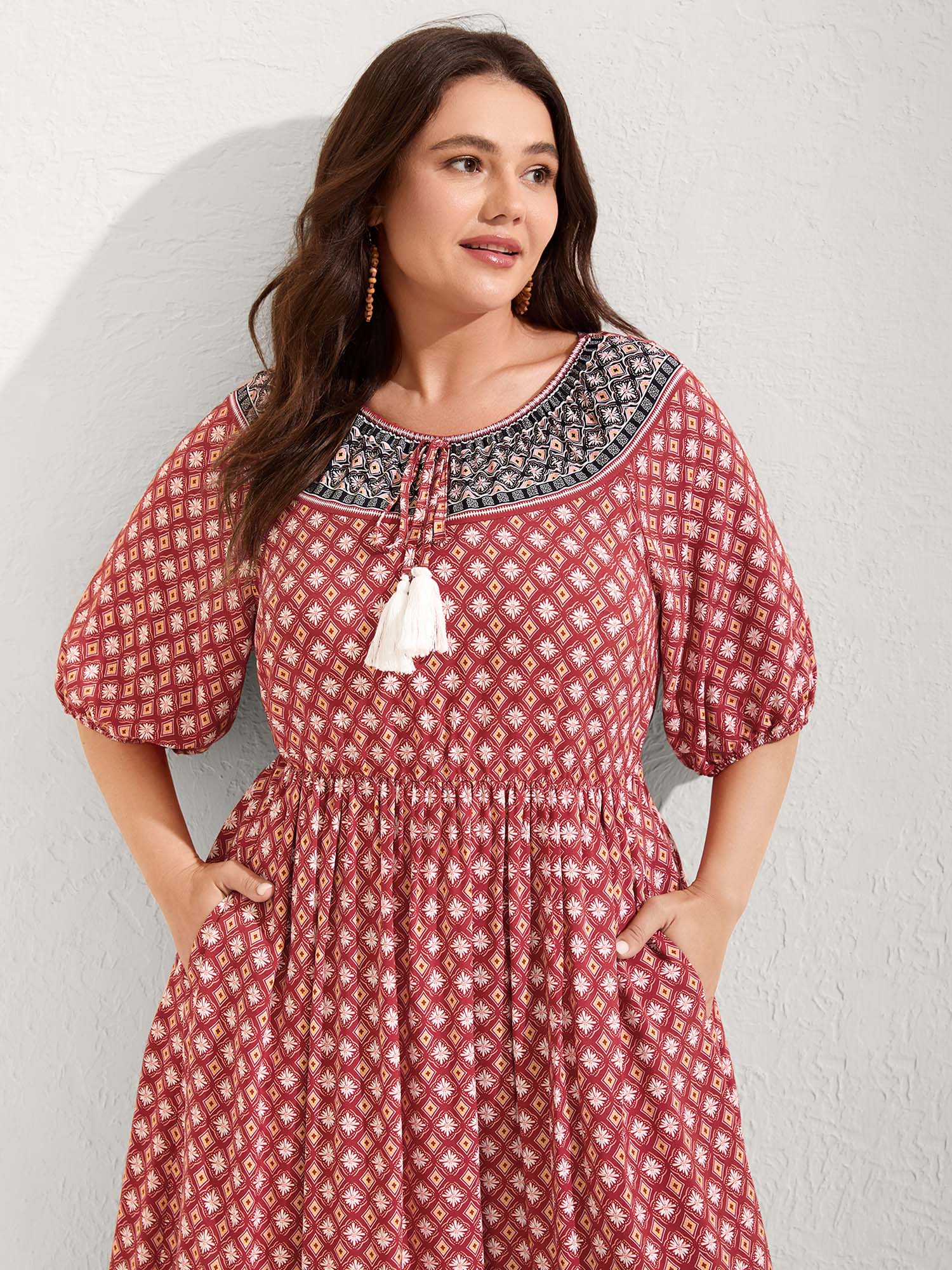 BloomChic Women's Plus Size Rayon Boho Print Neck Tie Midi Dress Crimson Bohemian print Maxi Vacation 10/M