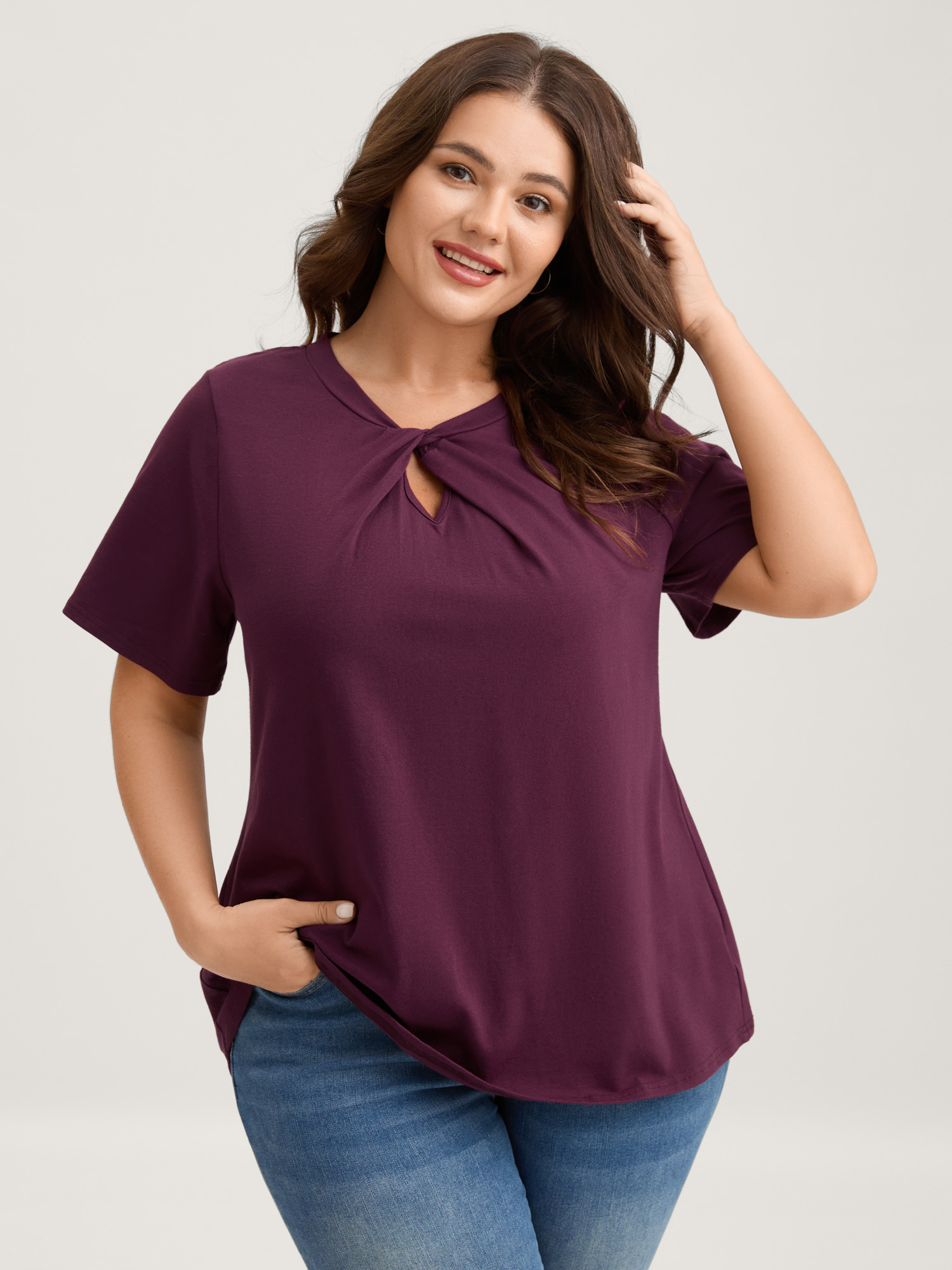 BloomChic Plus Size Knotted Cut-Out Neckline Solid T-Shirt - Women's Winetasting Solid Asymmetrical Neckline Short sleeve Elegant T-shirts 18-20/1X