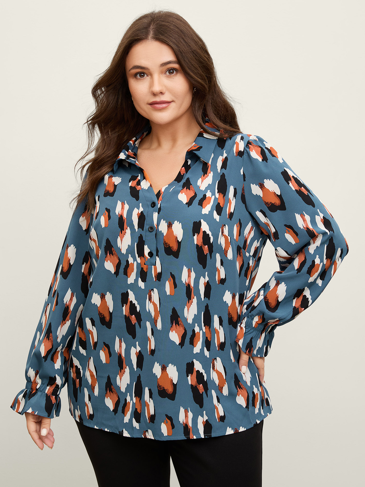 BloomChic Women's Plus Size Colorful Leopard Stretchy Cuffs Lapel Collar Blouse Mediumblue Animal Motif Office Extra Long Sleeve 10/M
