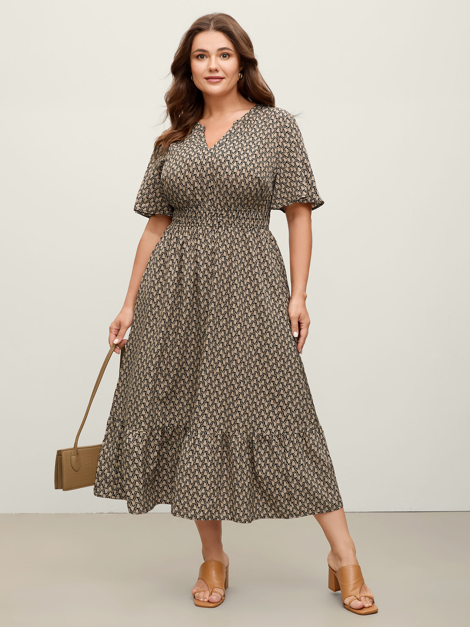 BloomChic Plus Size Geometric Print Waist-Cinched Tiered Midi Dress - Curve Ladies Tan Office Short sleeve Stripes Side seam pocket Daily Dresses 34/6X