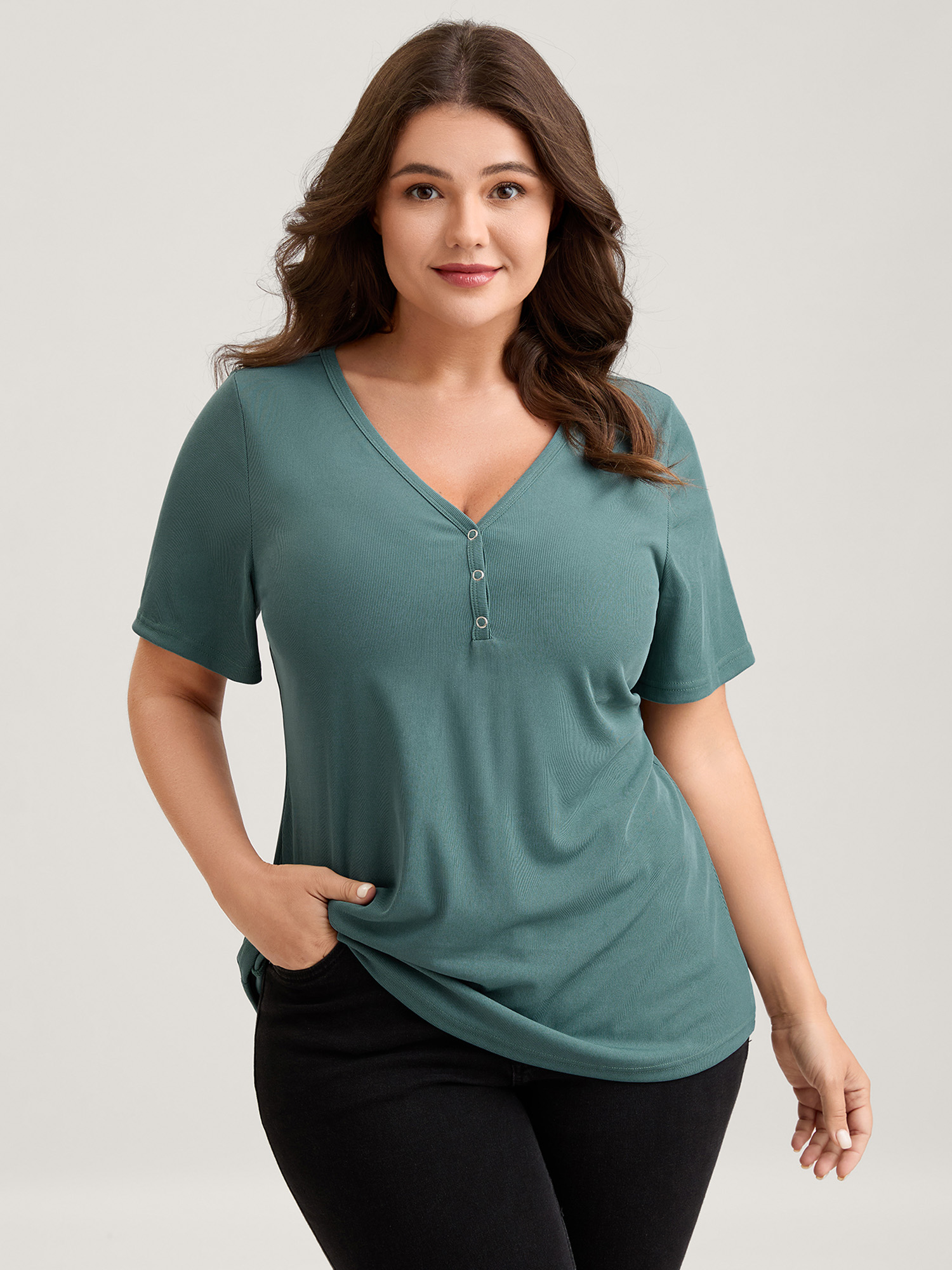 BloomChic Plus Size Ribbed Button V-Neck Knit T-Shirt - Women's Teal Solid Round Neck Comfort Midsection Fit Long Sleeve Playful T-shirts 18-20/1X