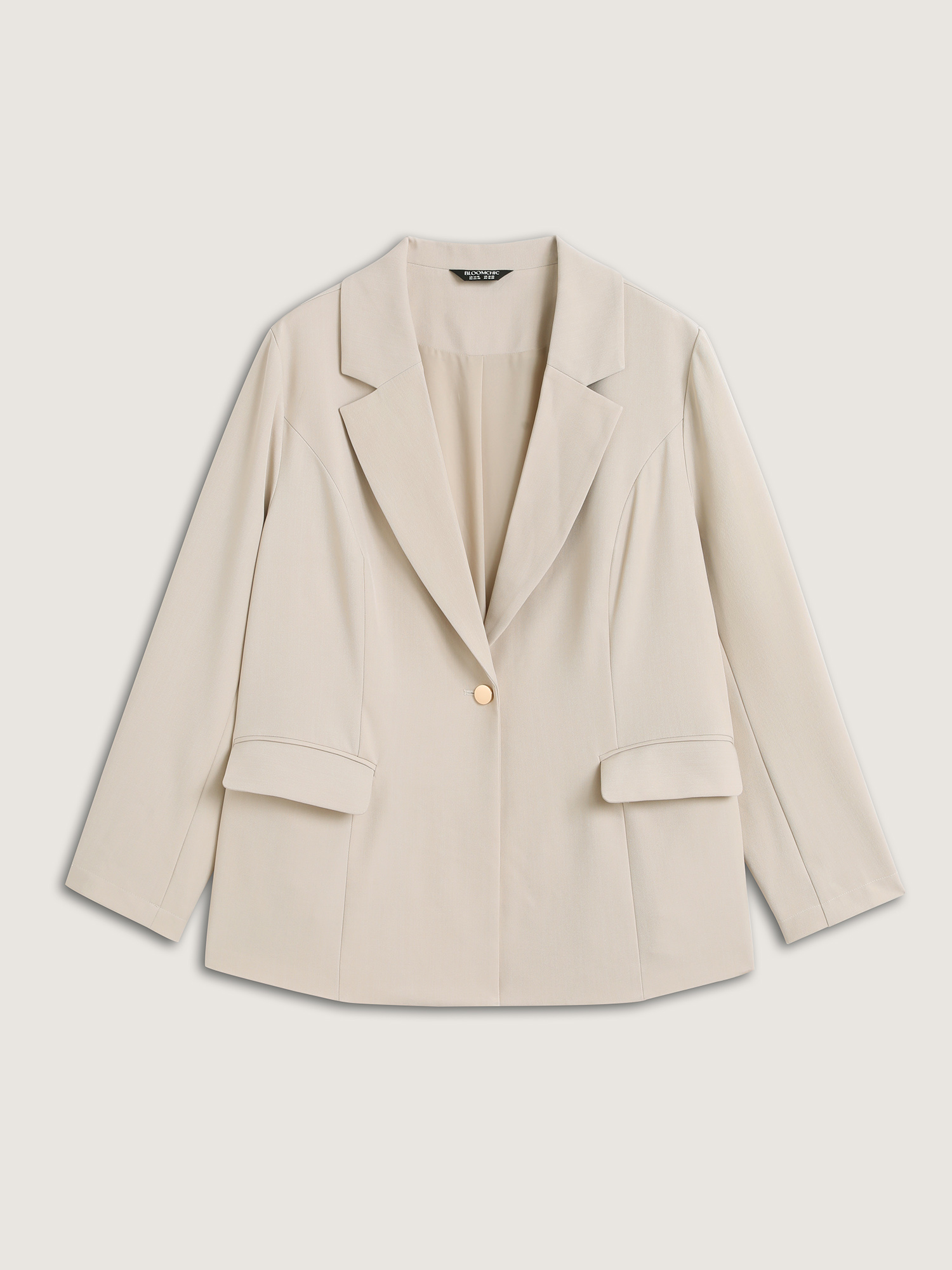 Side view of BloomChic Women's Plus Size Button Front Pockets Solid Blazer Champagne Button Sleeve Long Sleeve 12/L