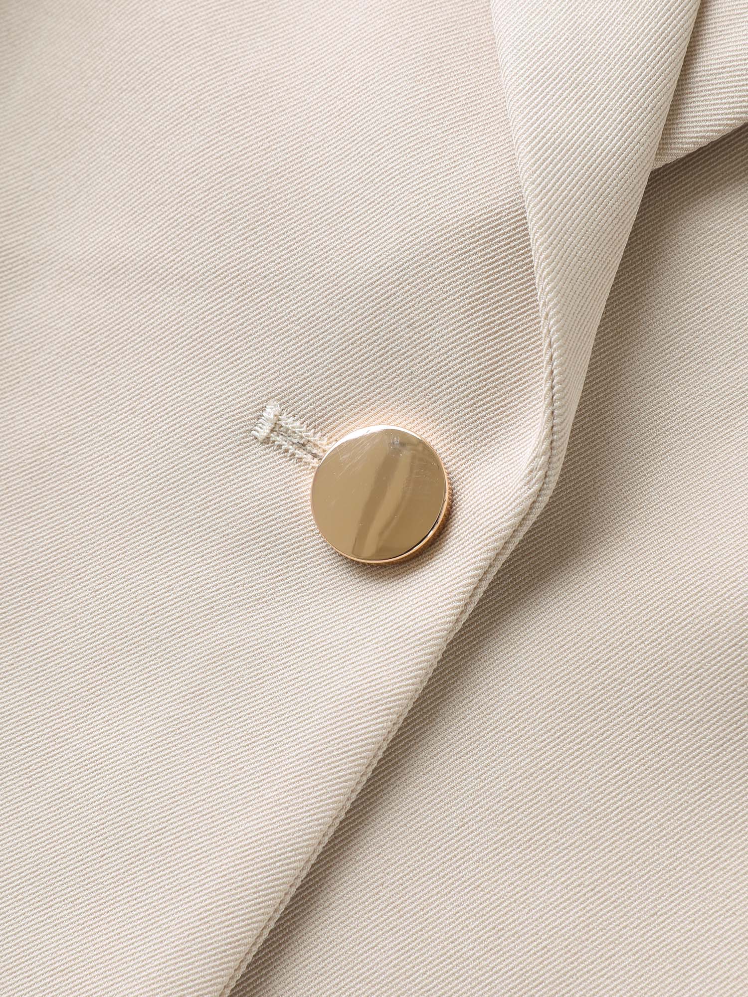 Side view of BloomChic Women's Plus Size Button Front Pockets Solid Blazer Champagne Button Sleeve Long Sleeve 12/L