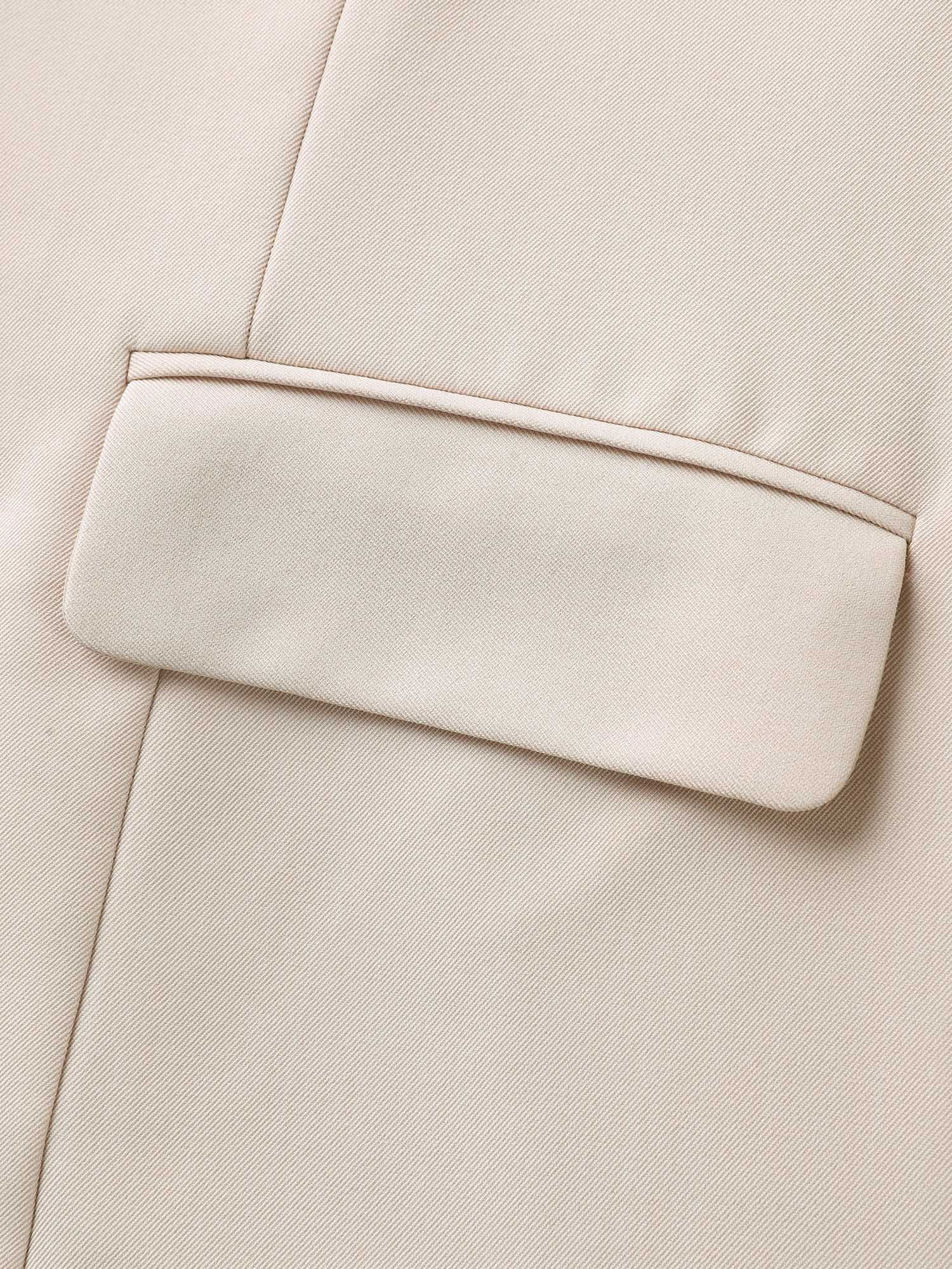 Side view of BloomChic Women's Plus Size Button Front Pockets Solid Blazer Champagne Button Sleeve Long Sleeve 12/L