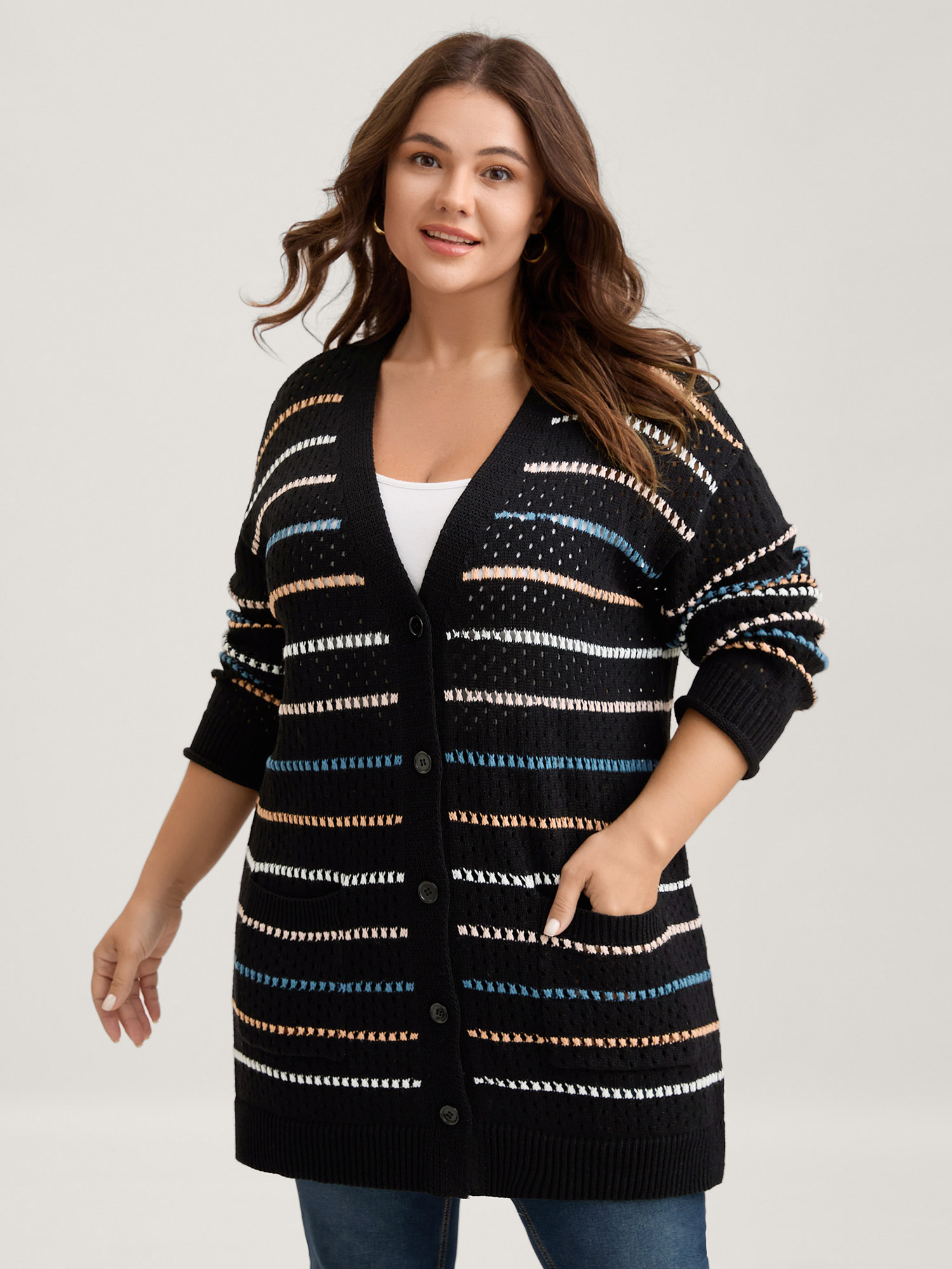 BloomChic Women's Plus Size Colorful Stripes Button Detail Knit Cardigan Black Long Sleeve 22-24/3X