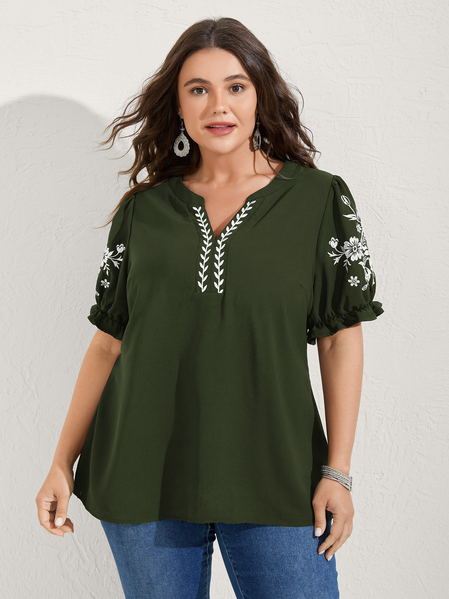Bloomchic Notched Collar Embroidered Ruffled Blouse In Green