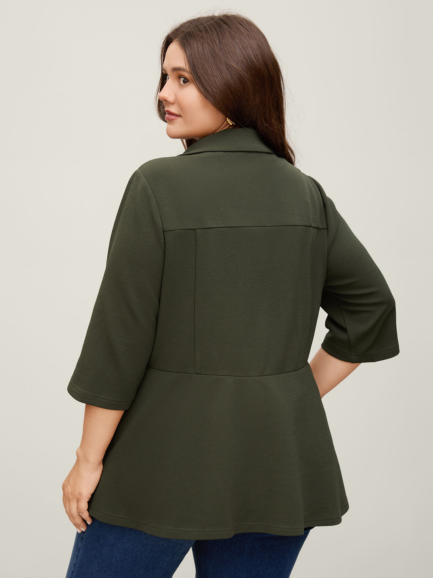 Side view of BloomChic Women's Plus Size Stretchy Textured Cinched Flared Waist Blazer ArmyGreen Texture Sleeve 3/4 Sleeve 30/6X