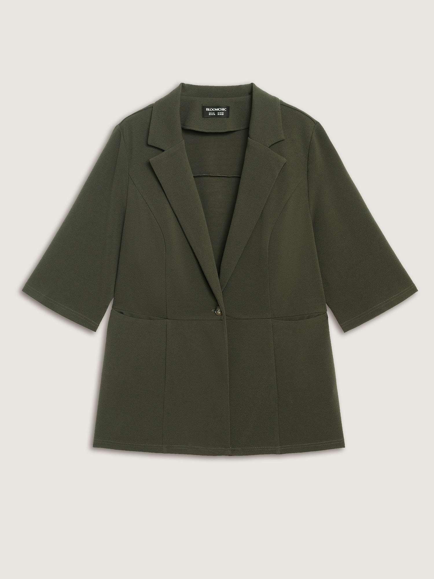 Side view of BloomChic Women's Plus Size Stretchy Textured Cinched Flared Waist Blazer ArmyGreen Texture Sleeve 3/4 Sleeve 30/6X
