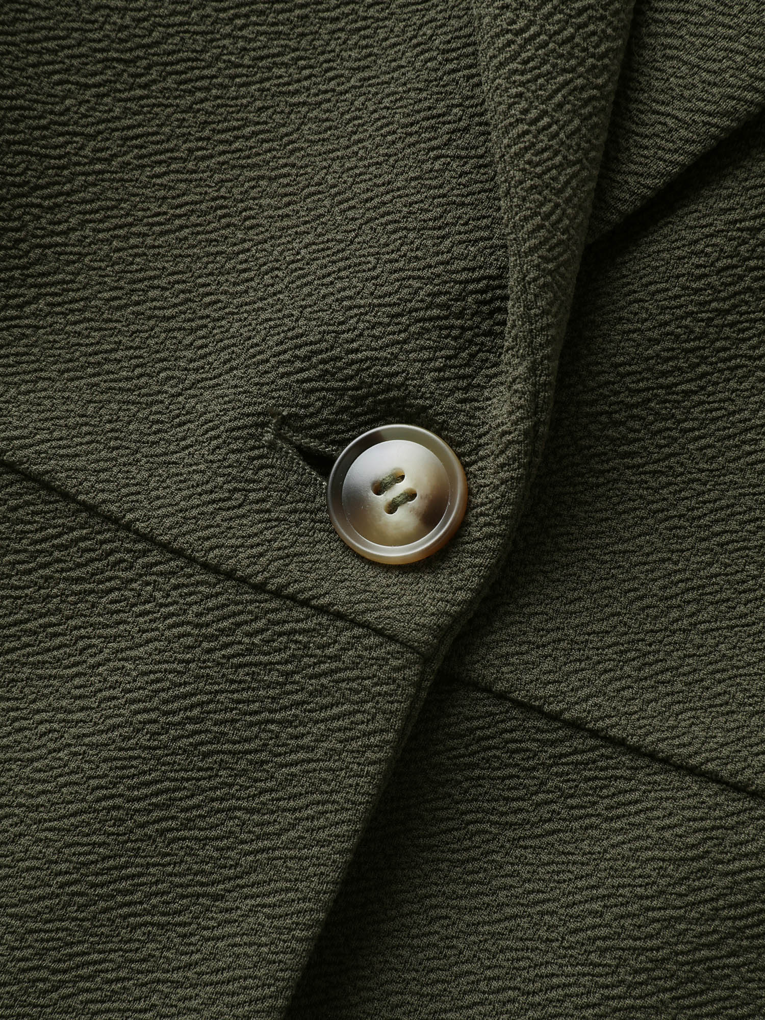 Side view of BloomChic Women's Plus Size Stretchy Textured Cinched Flared Waist Blazer ArmyGreen Texture Sleeve 3/4 Sleeve 30/6X