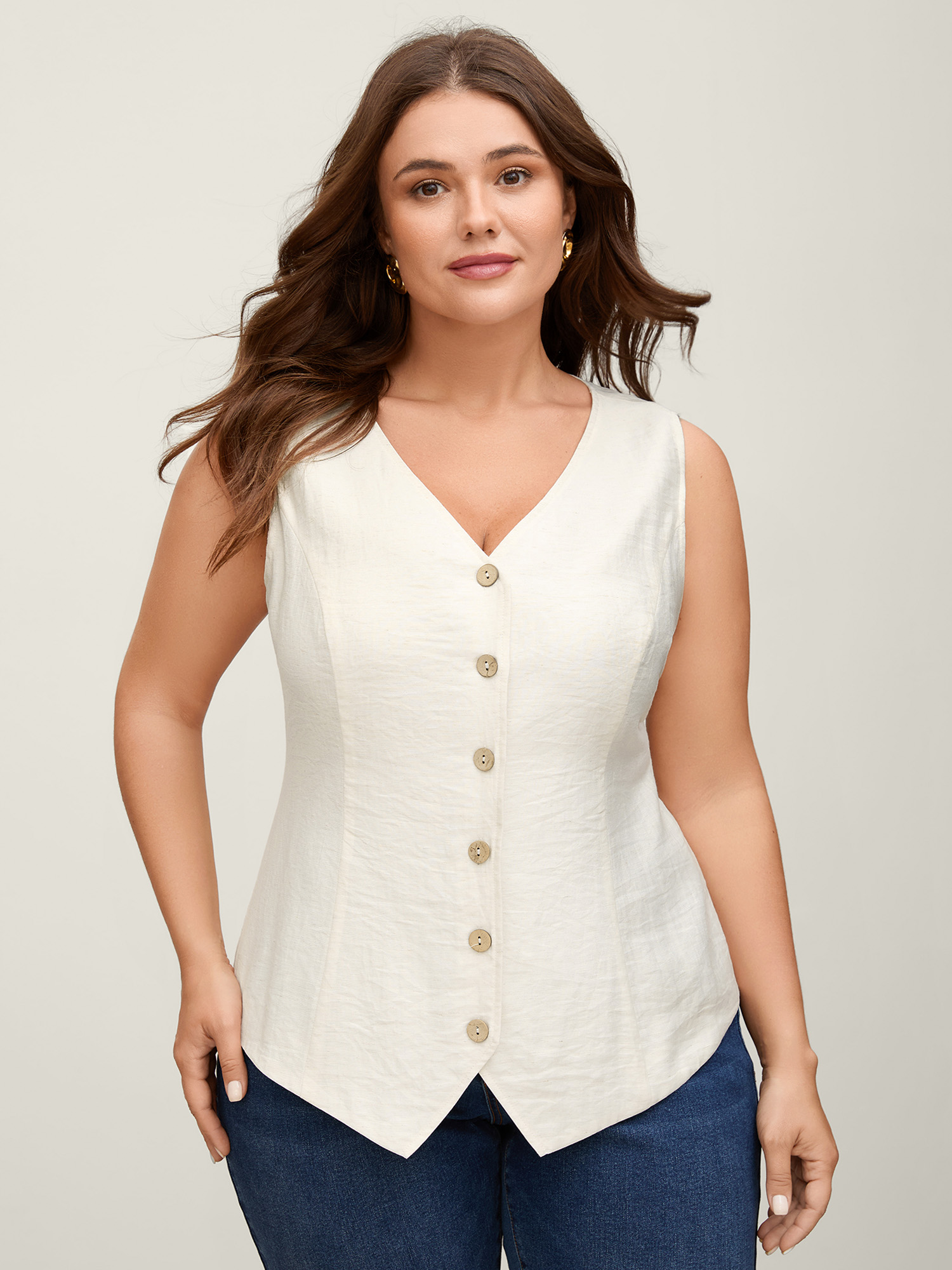 BloomChic Women's Plus Size Linen Solid Button Vest Beige Button Front 28/5X-image-47256304451754