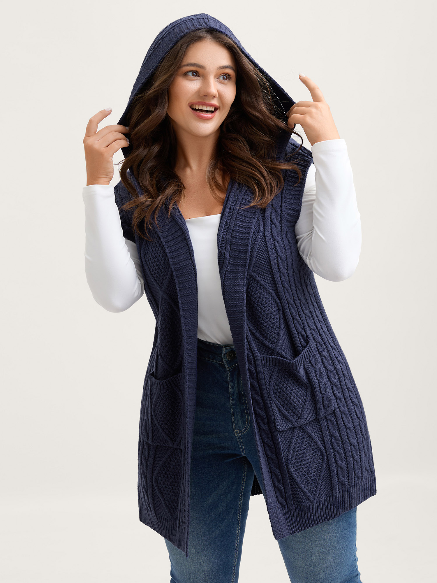 BloomChic Women's Plus Size Hooded Sleeveless Cable Knit Cardigan Baritone Blue Sleeveless Hooded Neck 10/M