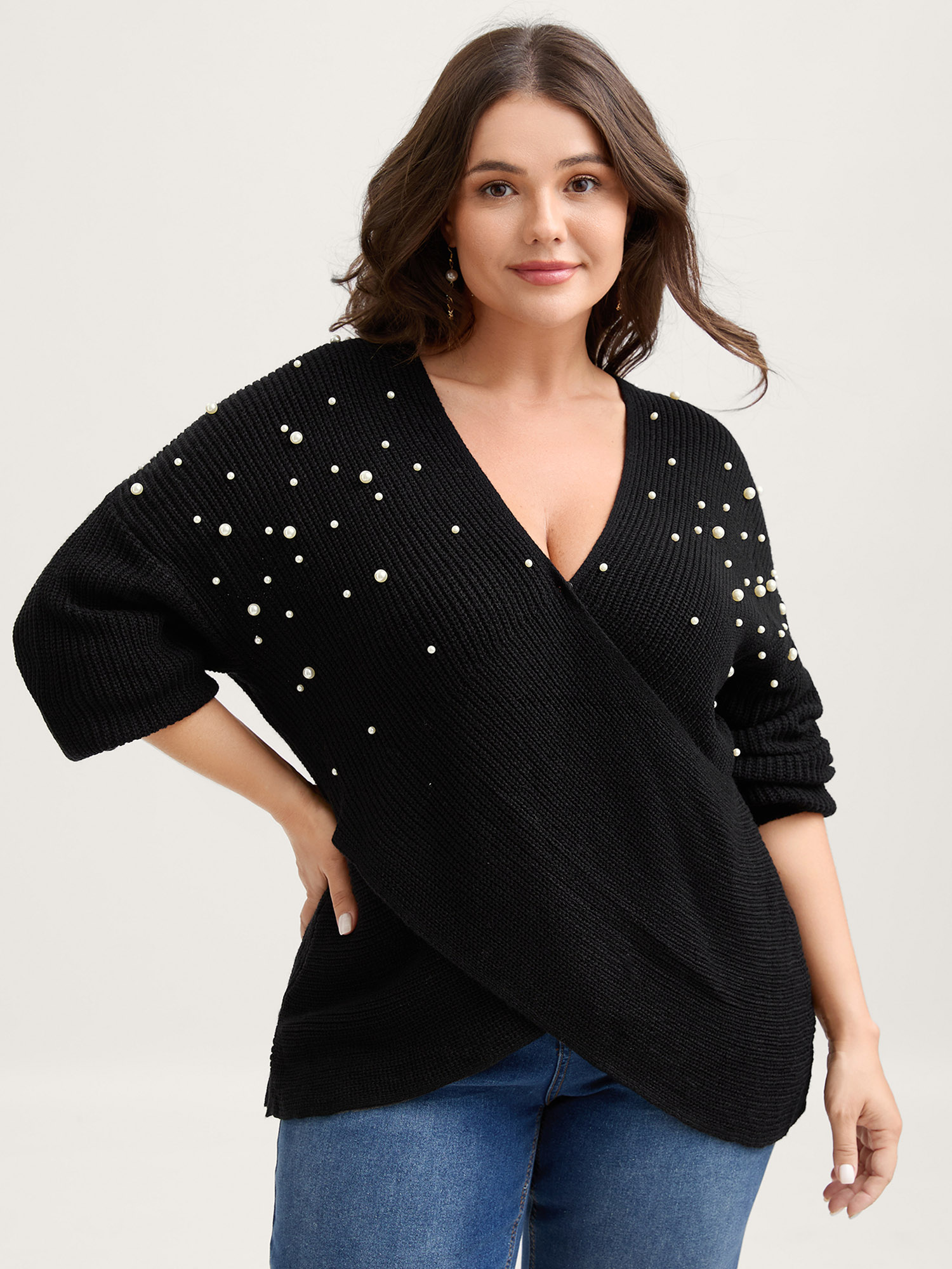 BloomChic Women's Plus Size Pearl Beaded Overlap Hem Pullover Black Long Sleeve 10/M