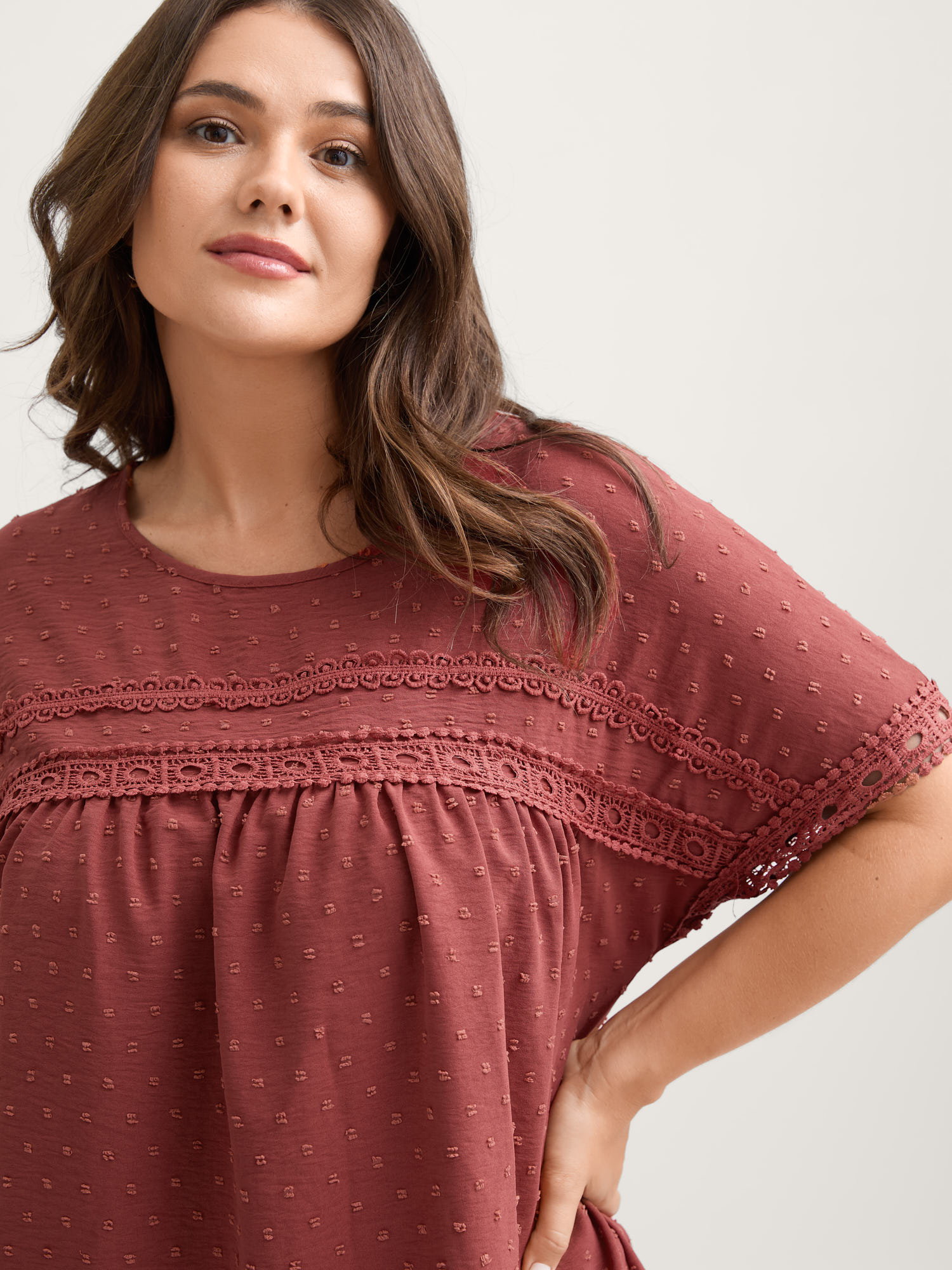 BloomChic Women's Plus Size Textured Lace Trim Solid Blouse Earth Red Solid Everyday-Elegant Short sleeve Round Neck 14-16/1X
