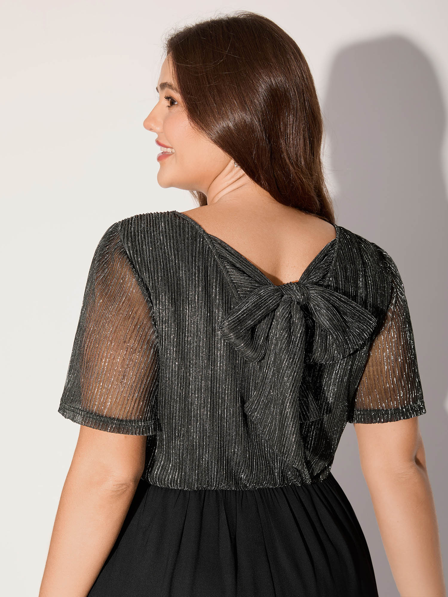 Bloomchic Shimmery Bow Back Tie Contrast Jumpsuit In Black