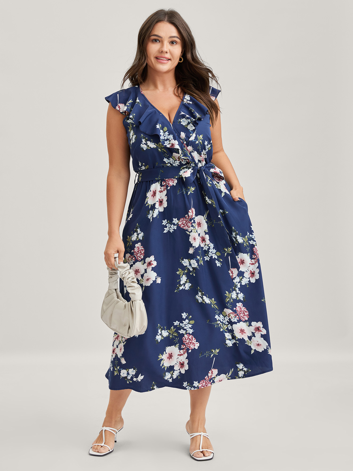 BloomChic Women's Plus Size Floral Belted Waist Ruffled Pockets Midi Dress DarkBlue Floral Midi Everyday-Elegant Overlapping 30/6X