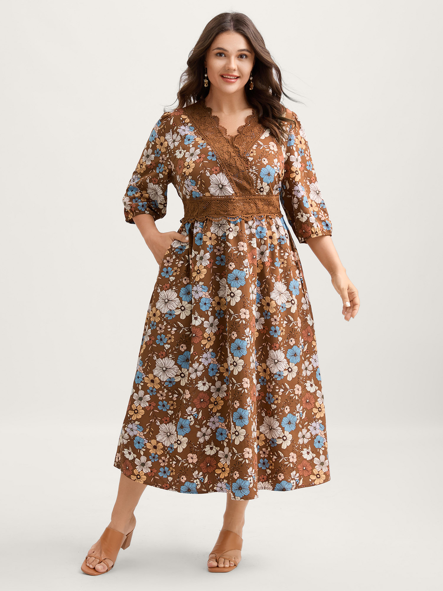 BloomChic Women's Plus Size Fall Florals Lace Trim Neckline Midi Dress Yellowishbrown Floral Midi Everyday-Elegant Overlapping 30/6X