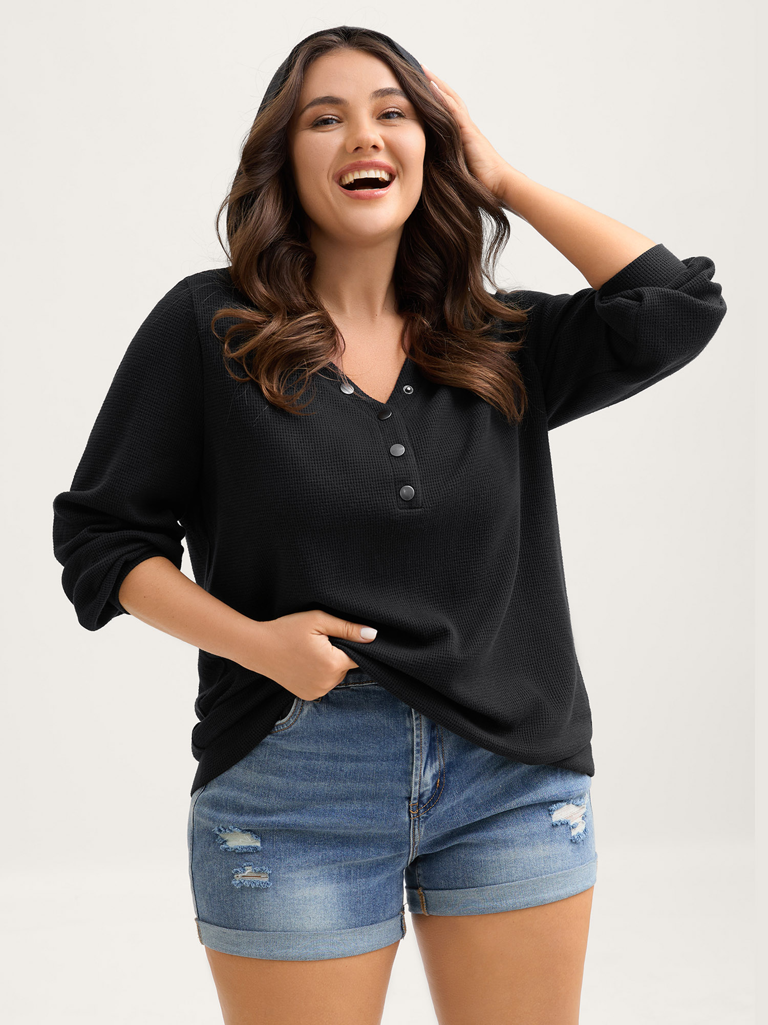 BloomChic Plus Size Textured Snap Buttons Hooded Sweatshirt - Women's Black Star & Moon Round Neck Comfort Midsection Fit Long Sleeve Leisure Sweatshirts 14/M