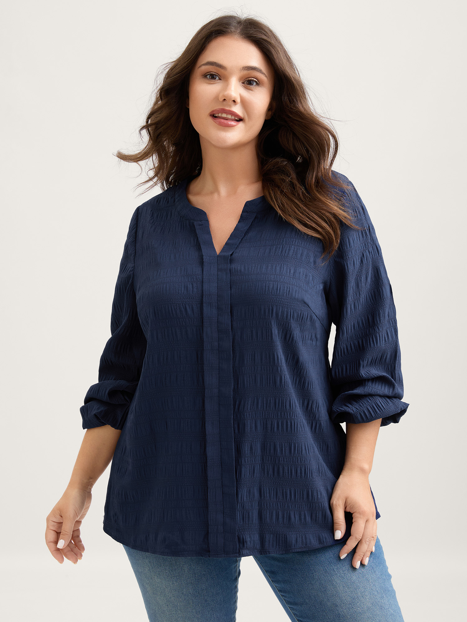 BloomChic Women's Plus Size Notched Collar Textured Solid Blouse Estate Blue Everyday-Casual Extra Long Sleeve 10/M