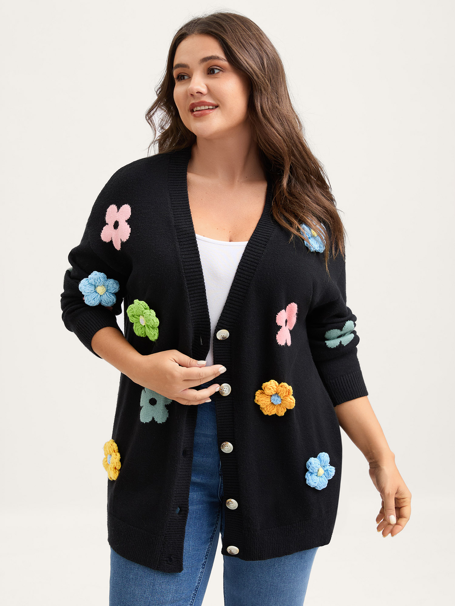 BloomChic Women's Plus Size 3D Floral Jacquard Embroidery Knit Cardigan Black Long Sleeve 28/5X