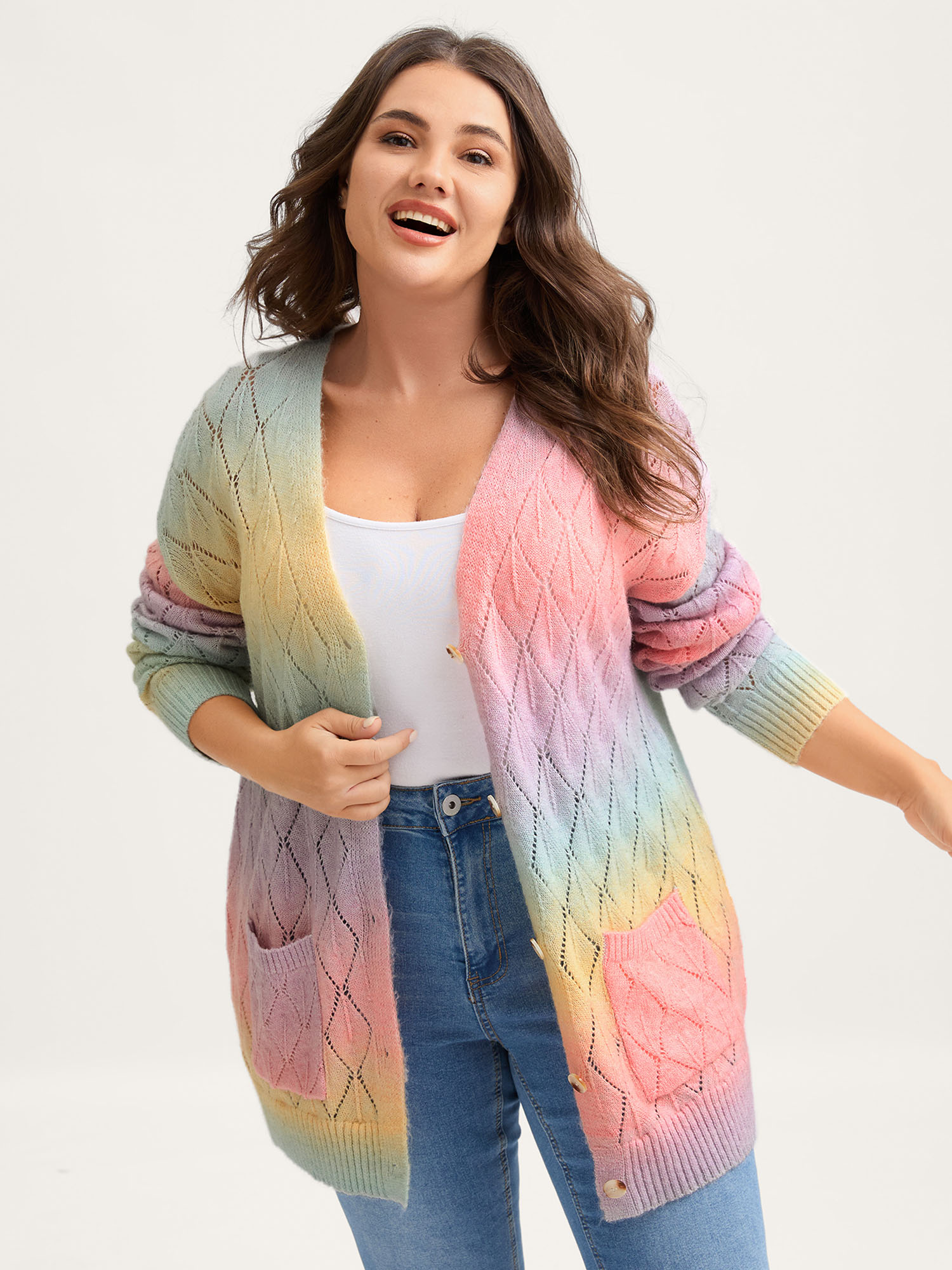 BloomChic Plus Size Ombre Gradient Eyelet Trim Knit Cardigan - Curve Women's Winter V-Neck Boxy Cut-Out Multicolor Button Closure Cardigans 14/M