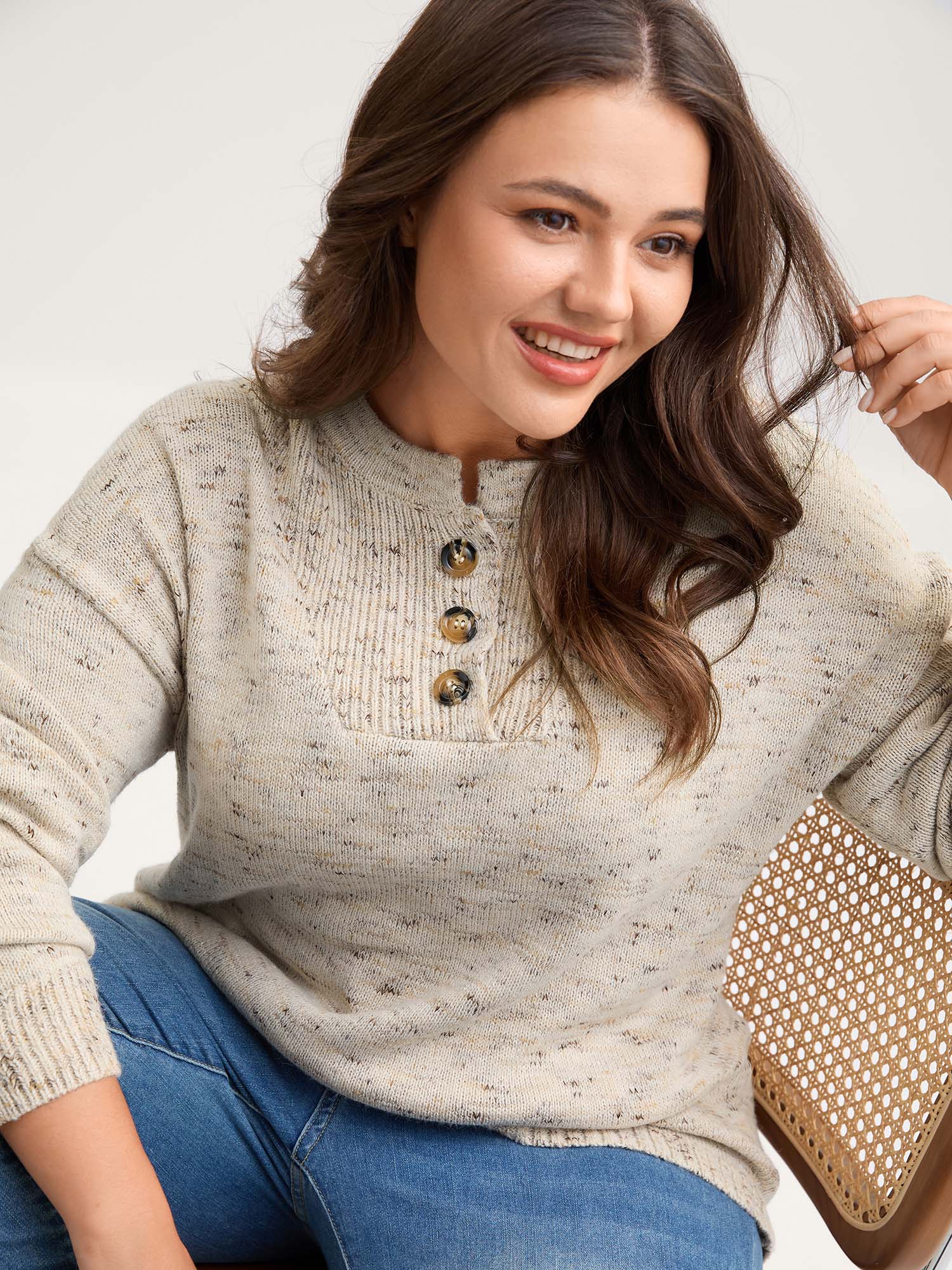 BloomChic Women's Plus Size Heather Textured Button Neck Pullover Pumice Stone not graphics Long Sleeve Stand Collar 10/M